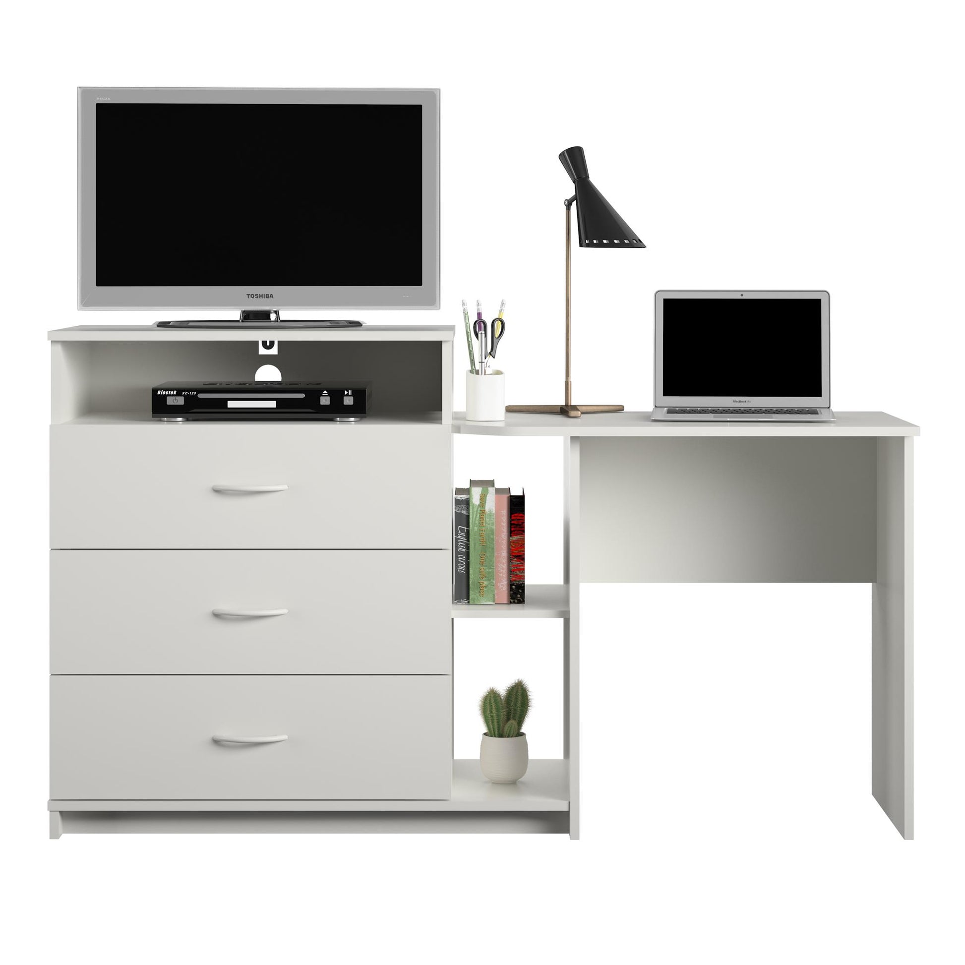 Rebel 3 in 1 Media Dresser with Side Storage and Desk - White