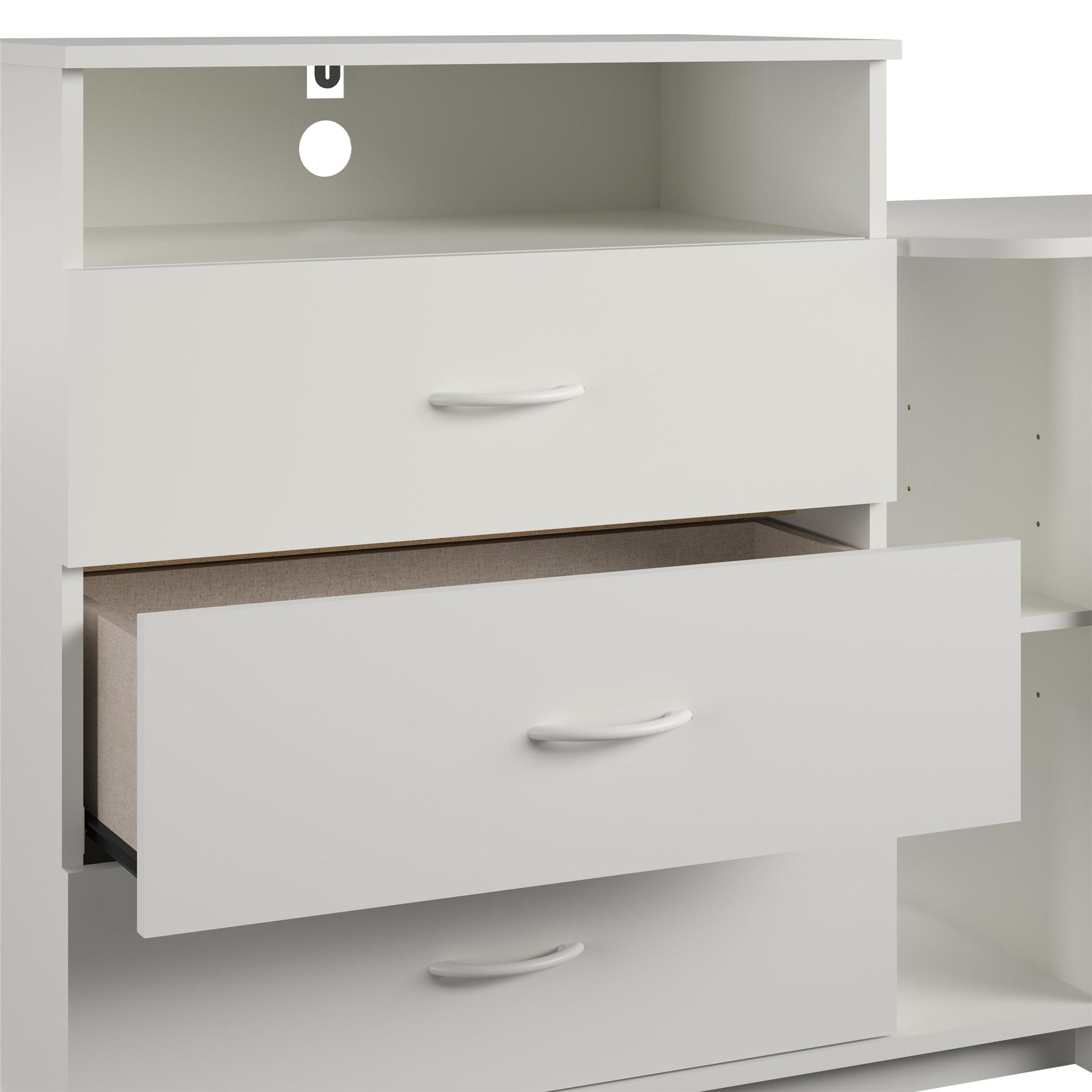 Rebel 3 in 1 Media Dresser with Side Storage and Desk - White