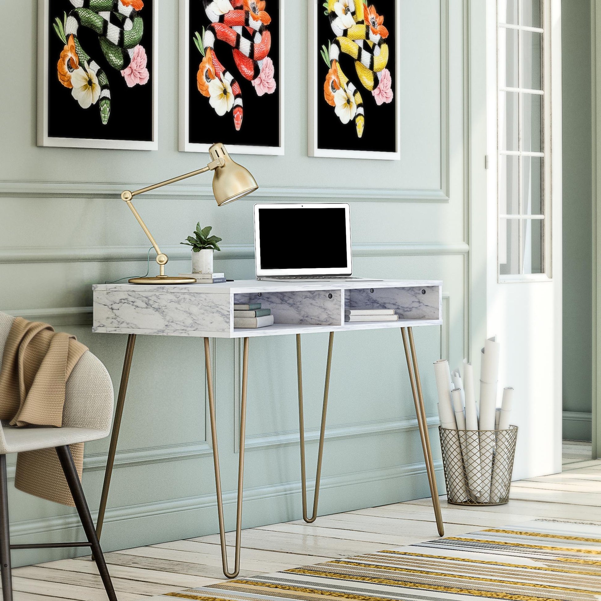 Athena Computer Desk with Storage - White marble