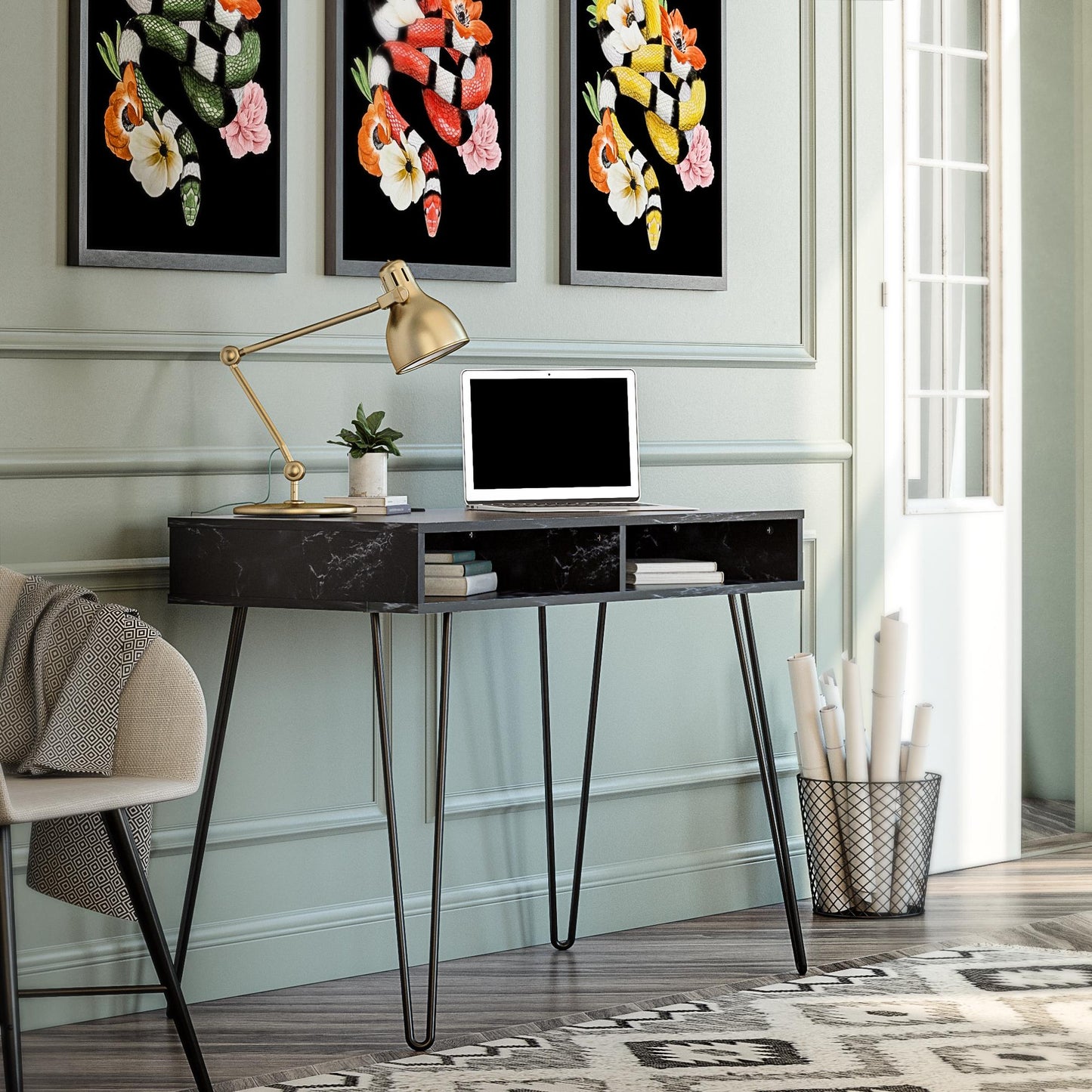 Athena Computer Desk with Storage - Black Marble
