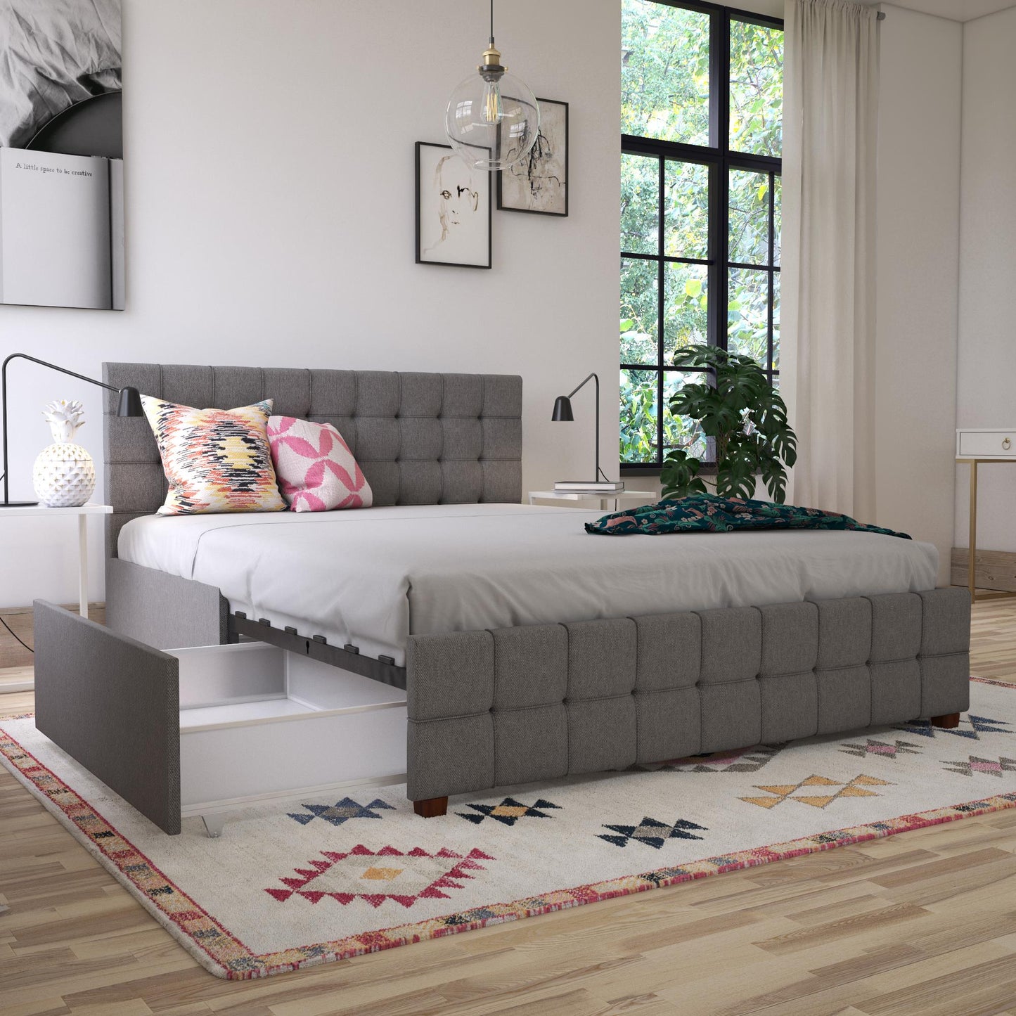 Elizabeth Upholstered Bed with Storage - Grey Linen - Queen