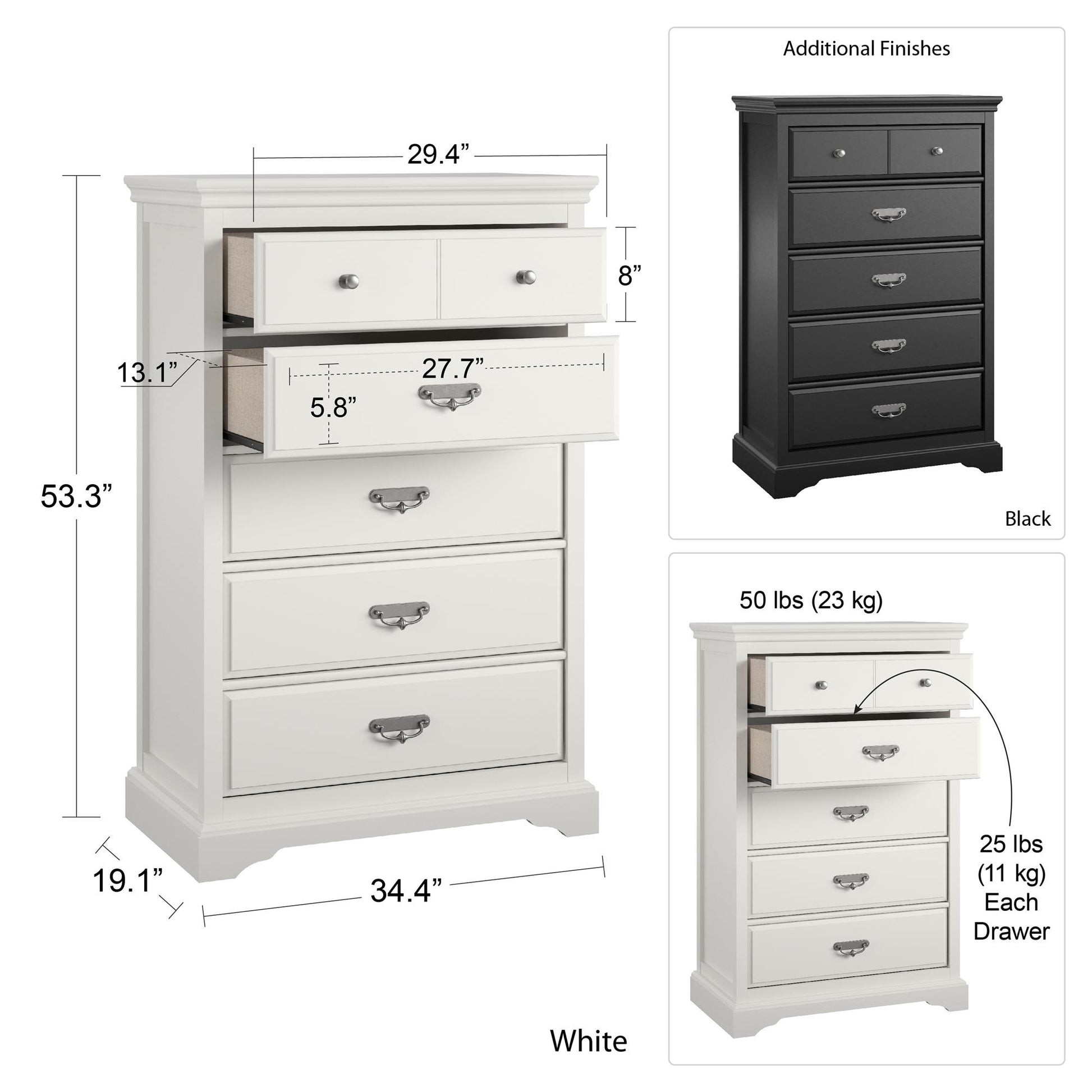 Bristol Traditional 5 Drawer Dresser with Elegant Moldings and Pewter Pulls - White