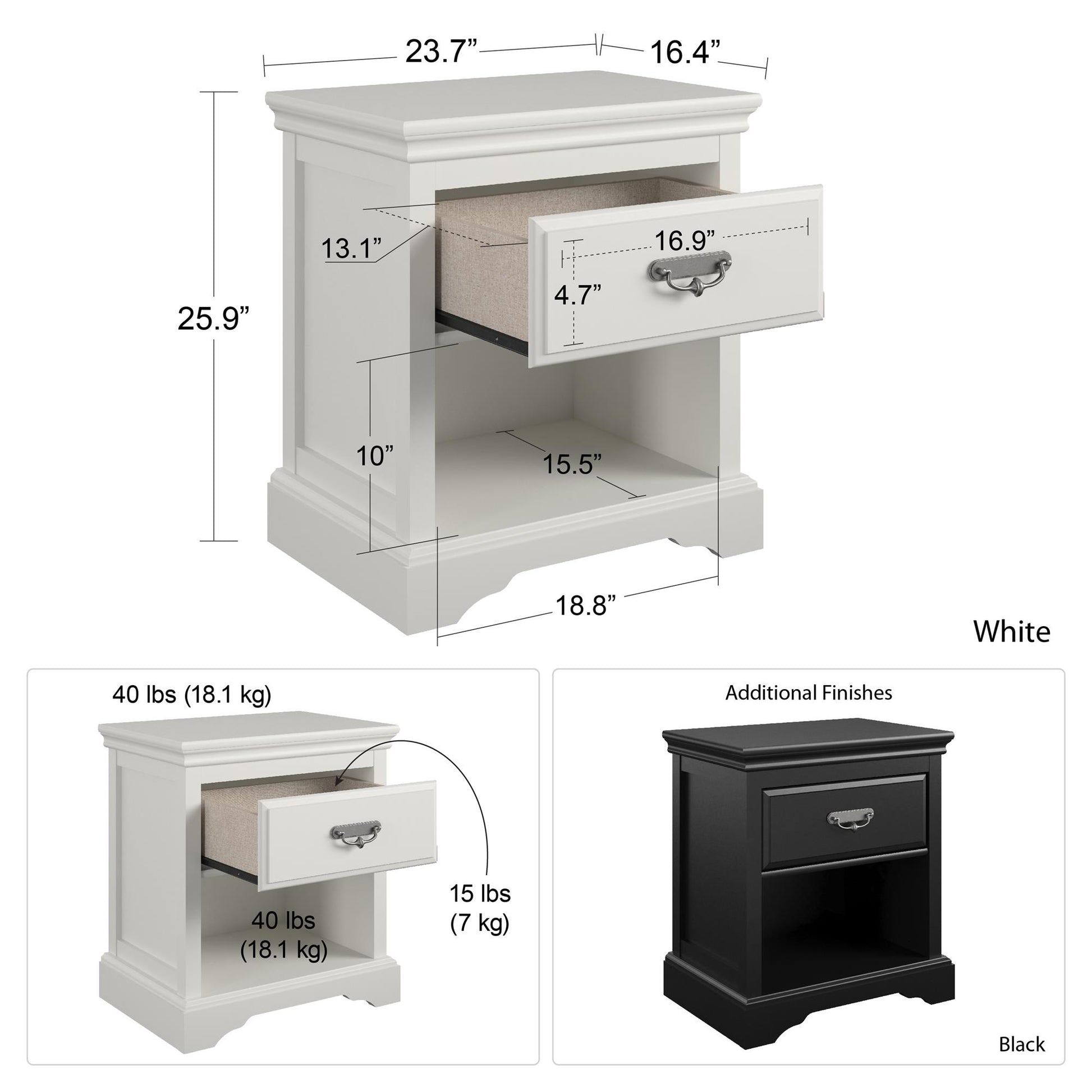 Bristol 1 Drawer Nightstand with Elegant Moldings and Pewter Pull - White