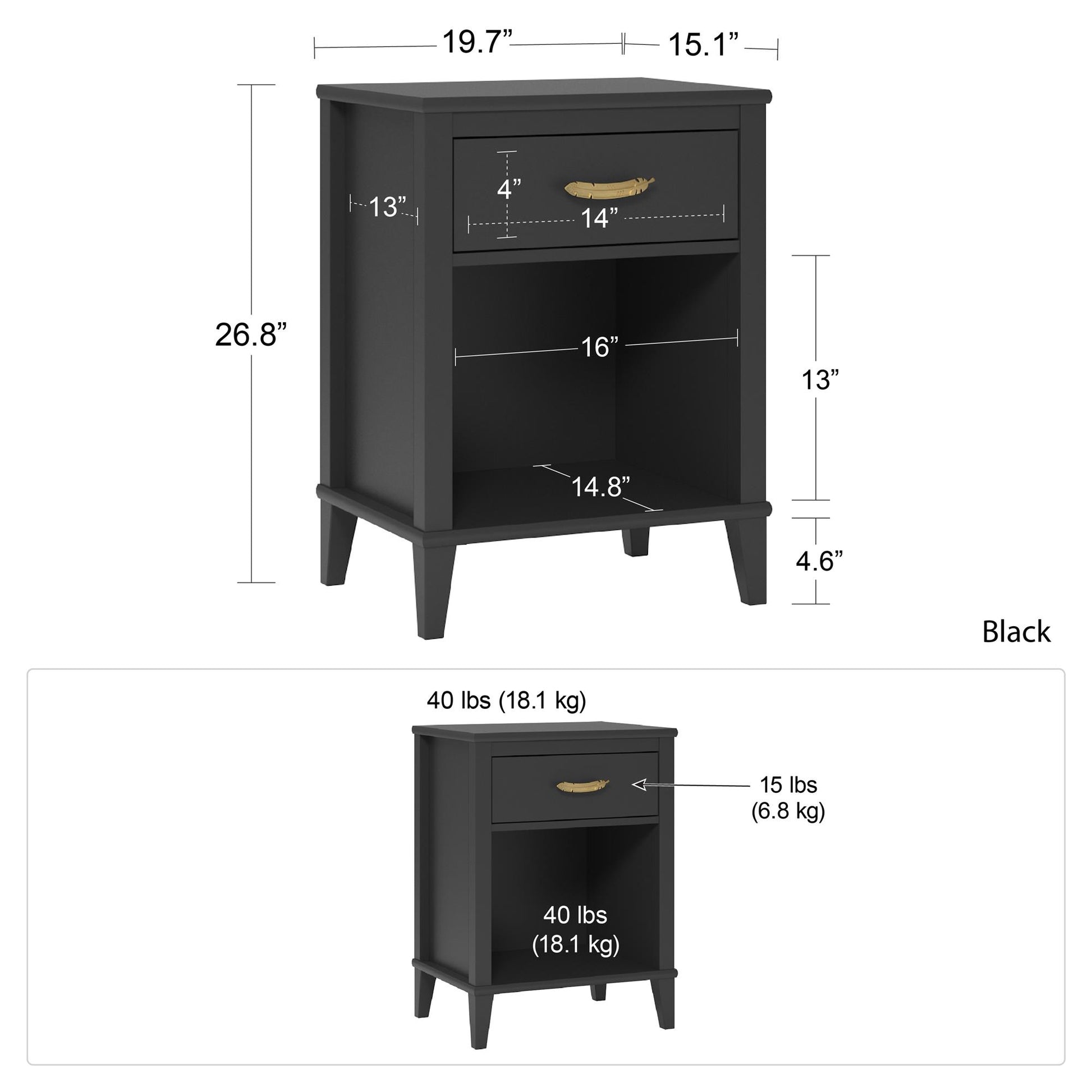 Monarch Hill Hawken Nightstand with Gold Feather Drawer Pull - Black
