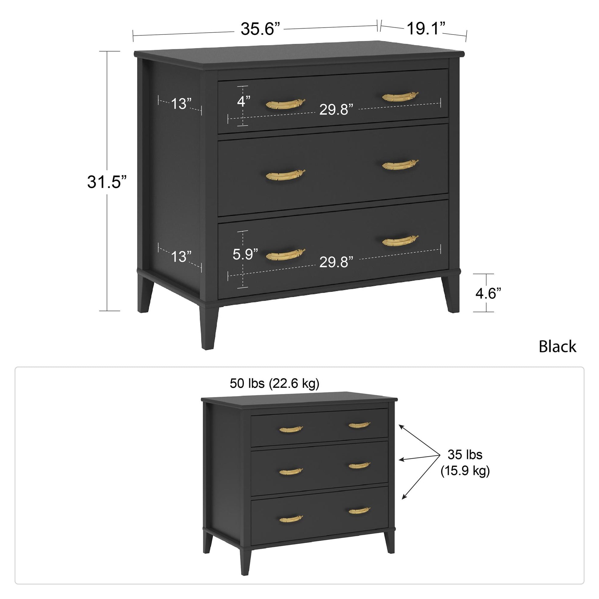 Monarch Hill Hawken 3 Drawer Dresser with Gold Feather Drawer Pull - Black
