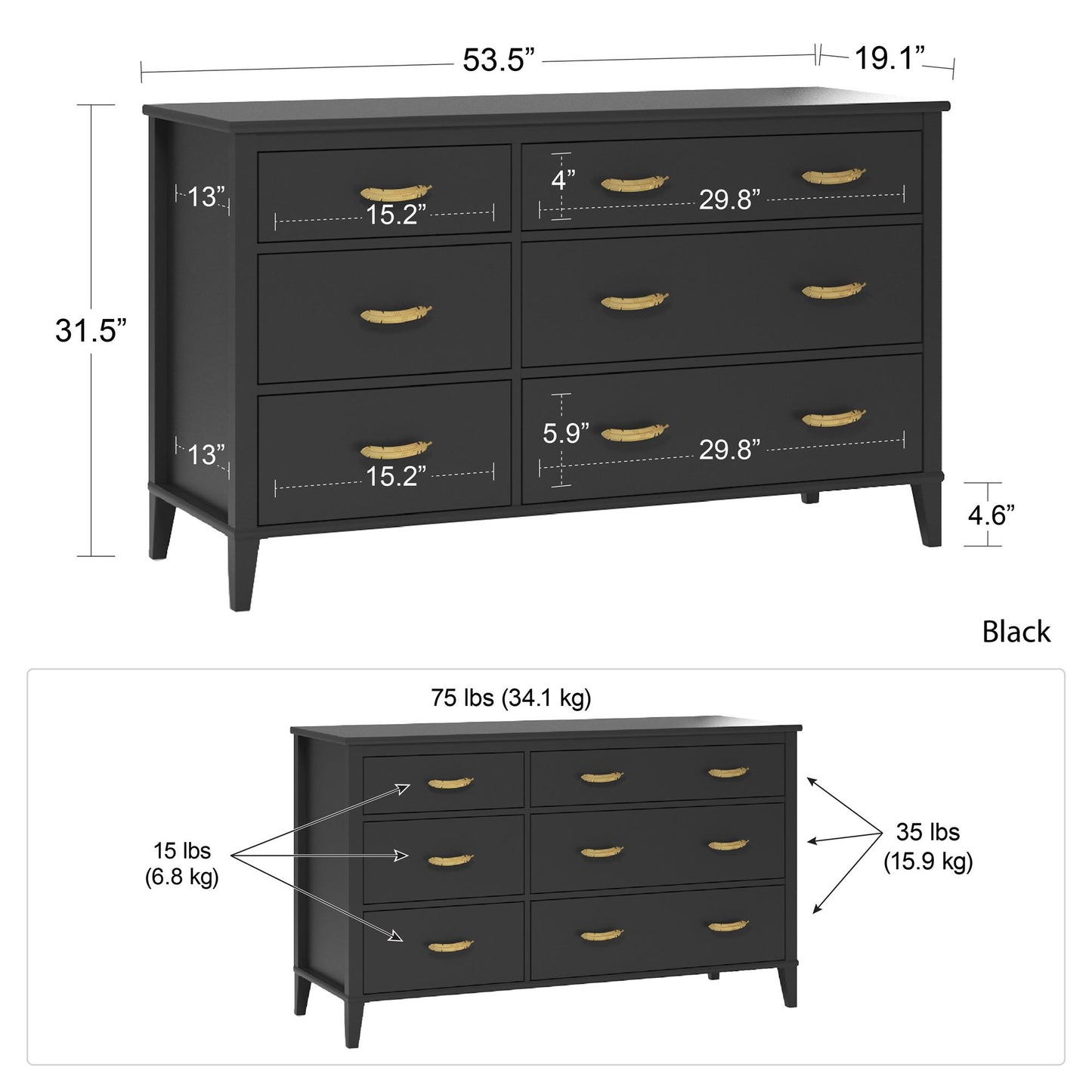 Monarch Hill Hawken 6 Drawer Dresser with Gold Feather Drawer Pull - Black