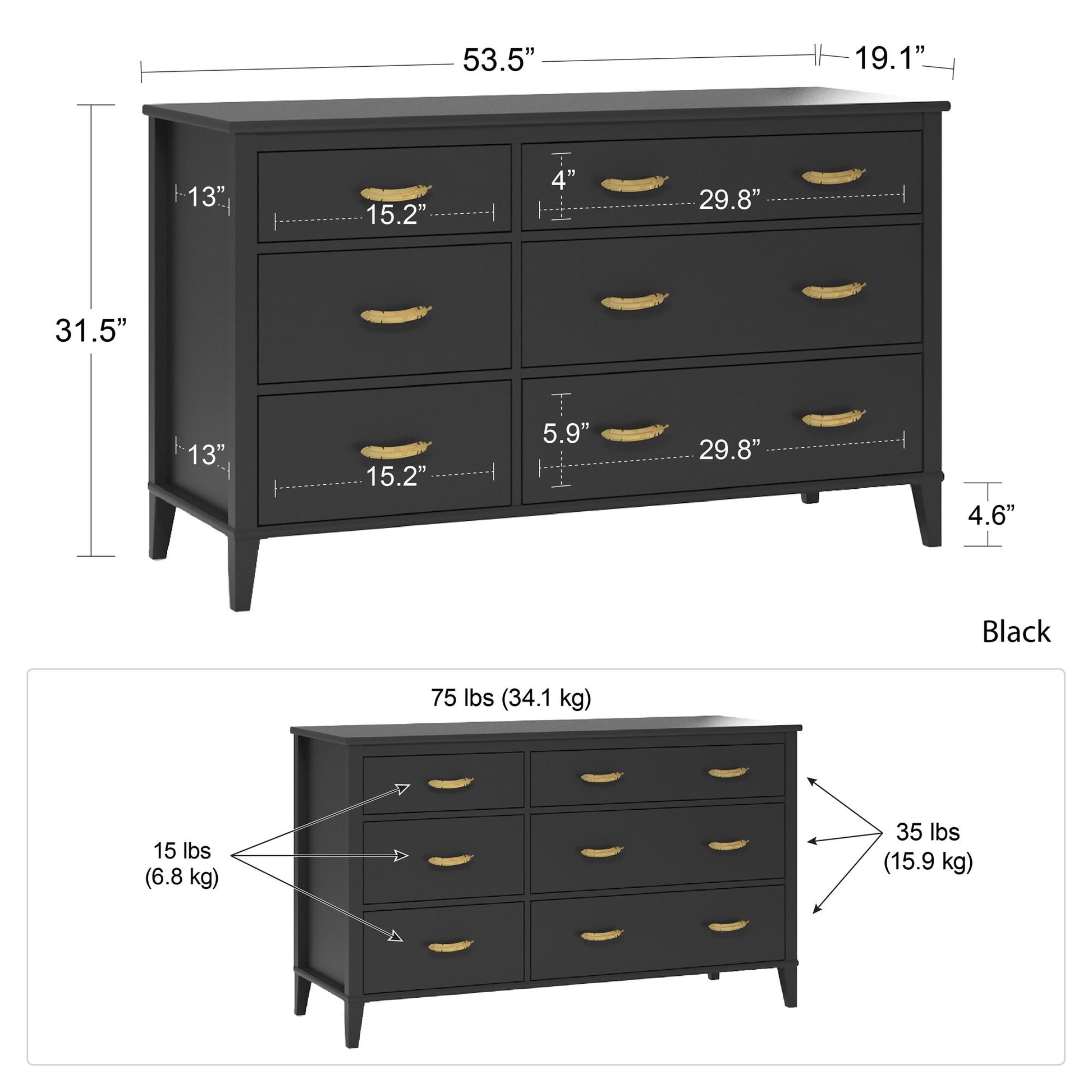 Monarch Hill Hawken 6 Drawer Dresser with Gold Feather Drawer Pull - Black