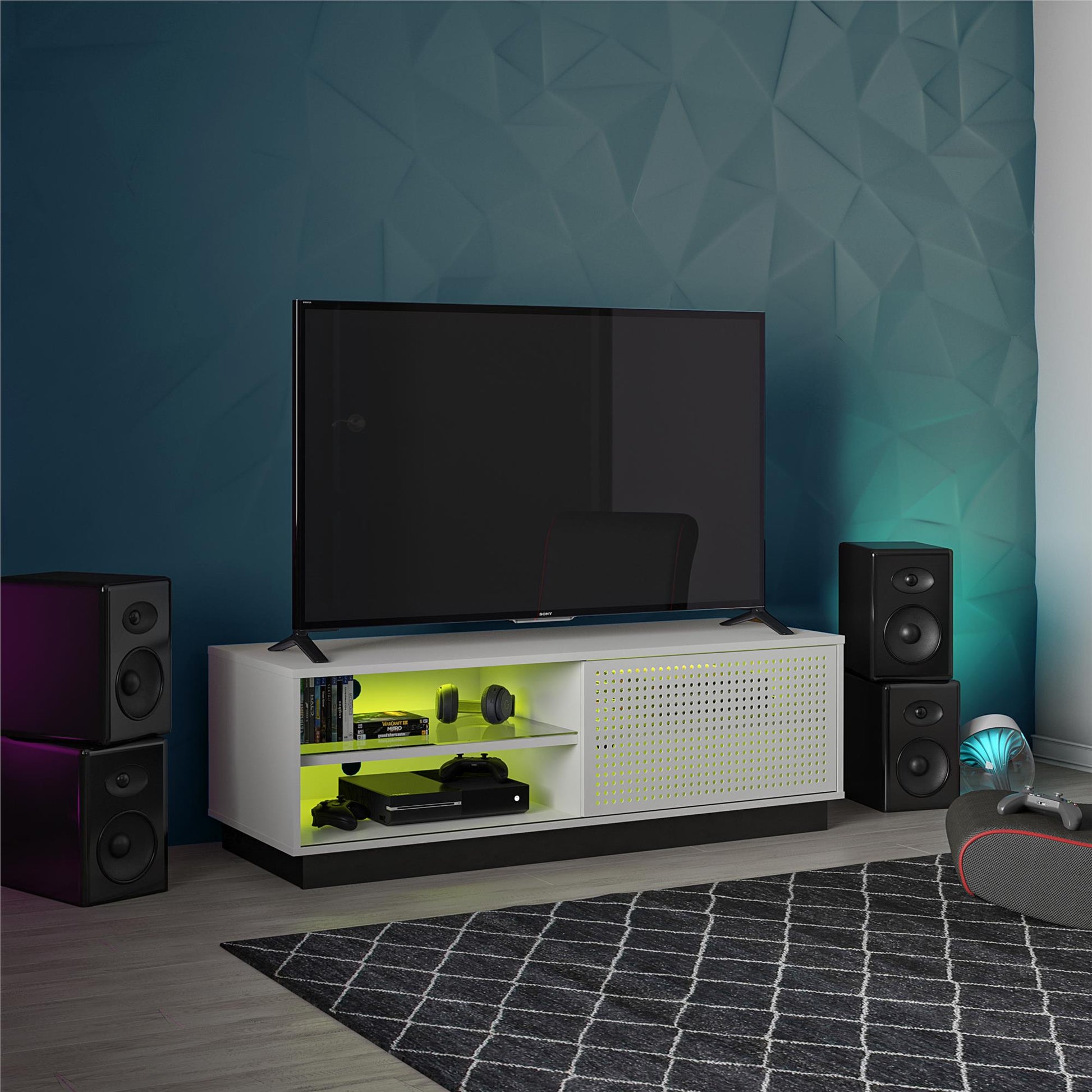 Glitch Gaming TV Stand for TVs up to 60 Inch with LED Lights - White