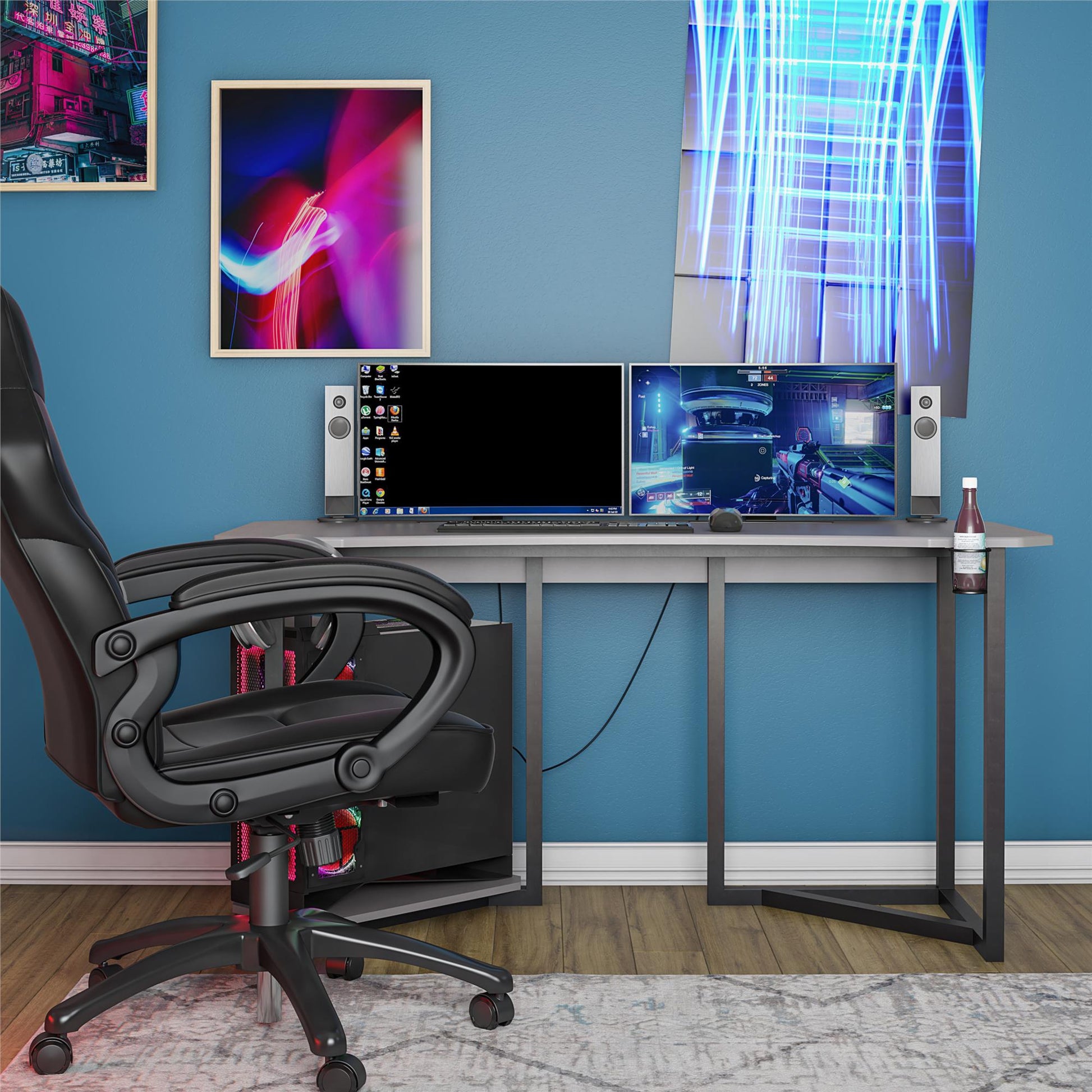 Quest Curved Gaming Desk Workstation with CPU Stand - Gray