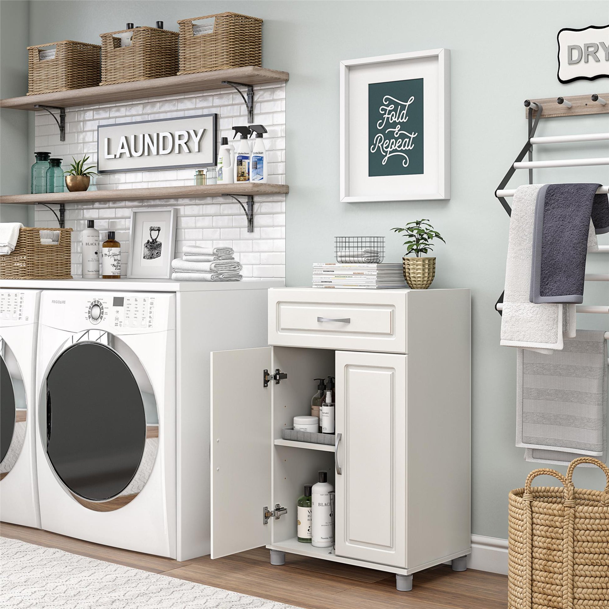 Kendall 24 Inch Multipurpose 2 Door Base Storage Cabinet with Drawer - White