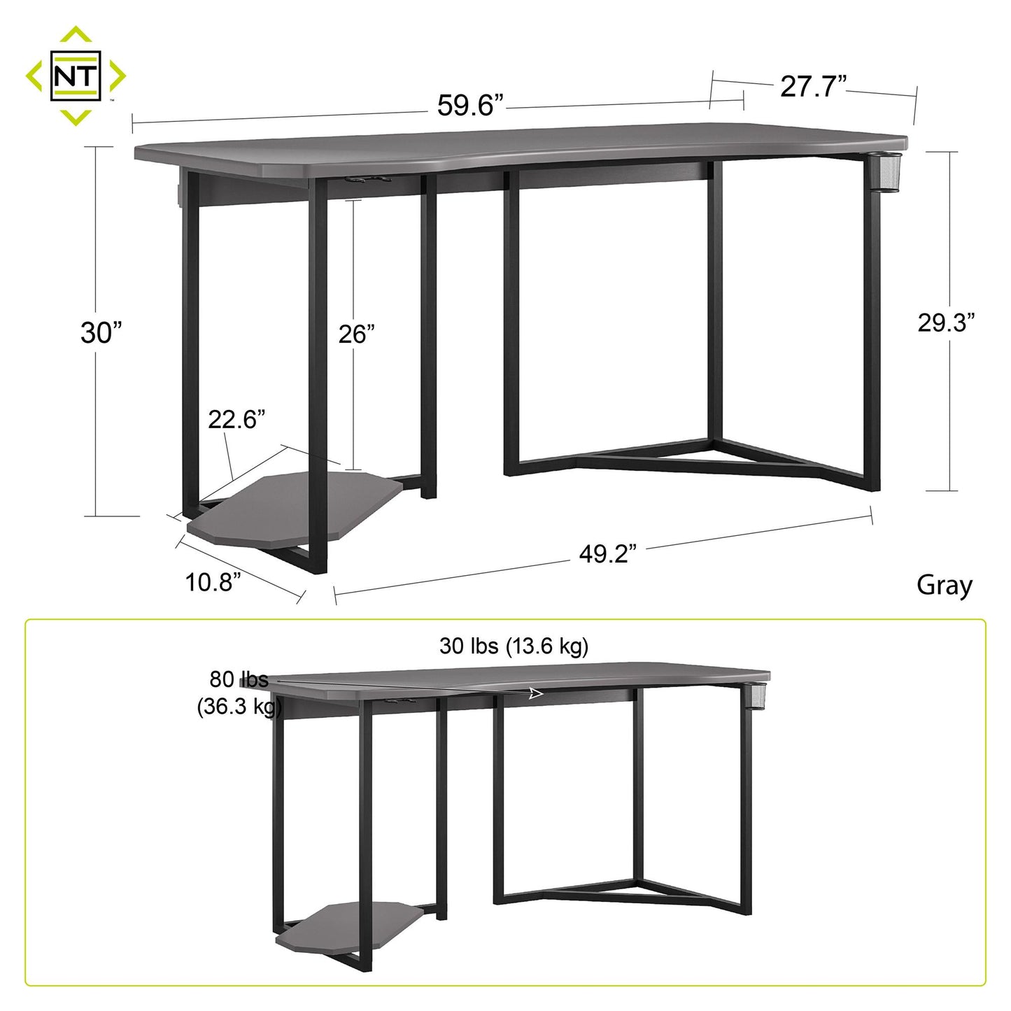 Quest Curved Gaming Desk Workstation with CPU Stand - Gray