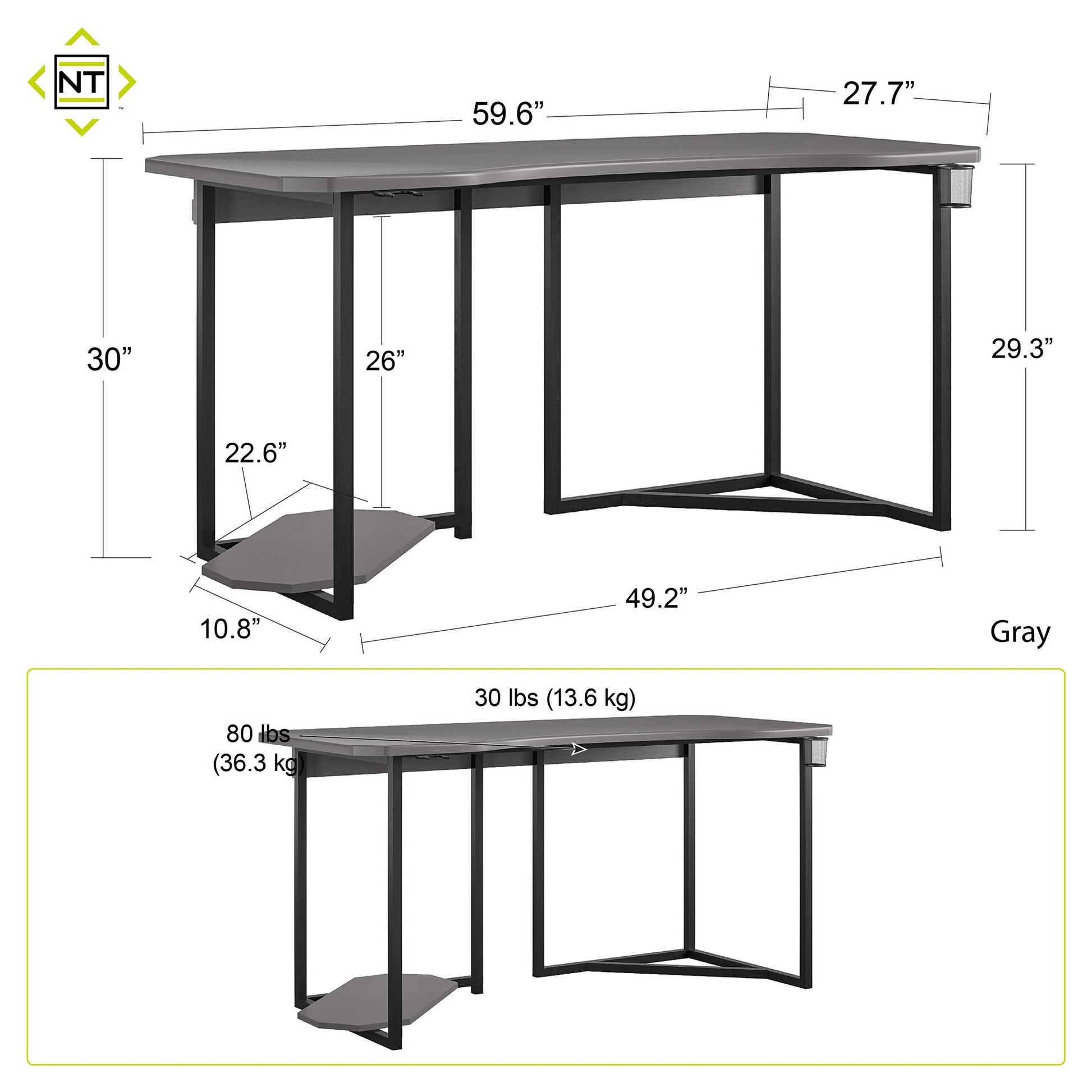 Quest Curved Gaming Desk Workstation with CPU Stand - Gray
