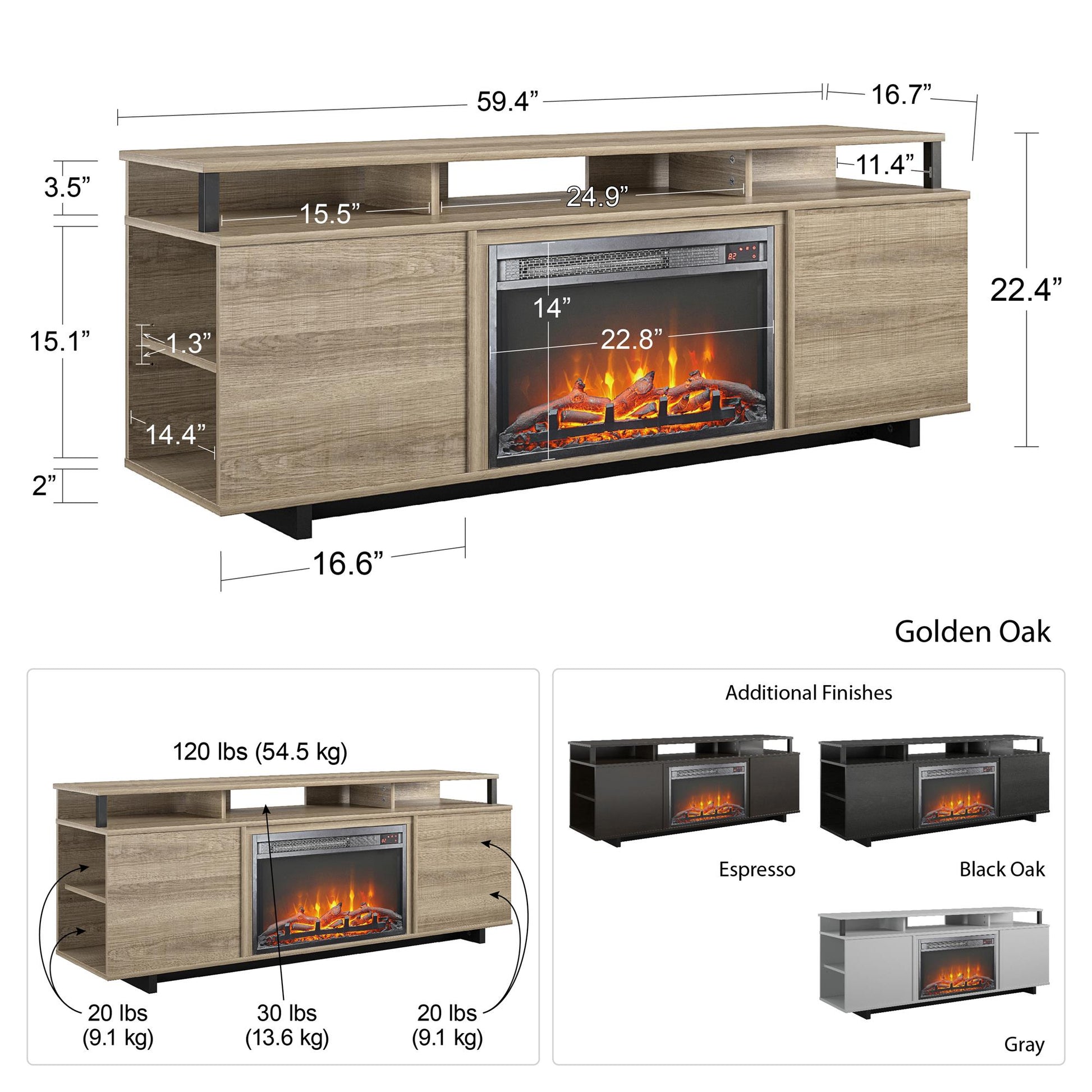 Mason Fireplace TV Stand for TVs up to 65 Inch with 4 Open Side Shelves - Espresso