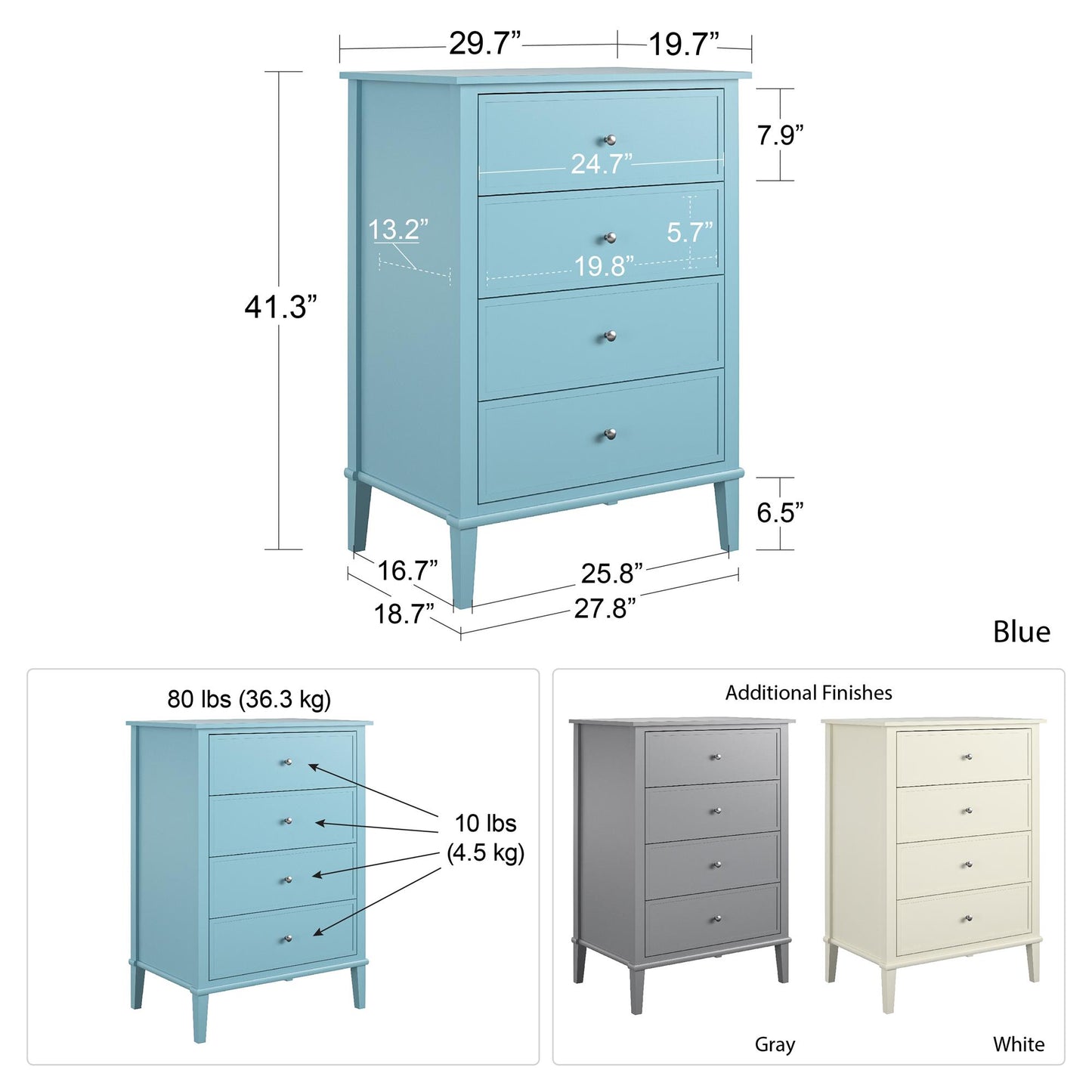 Franklin 4 Drawer Dresser with Durable Metal Slides - Blue