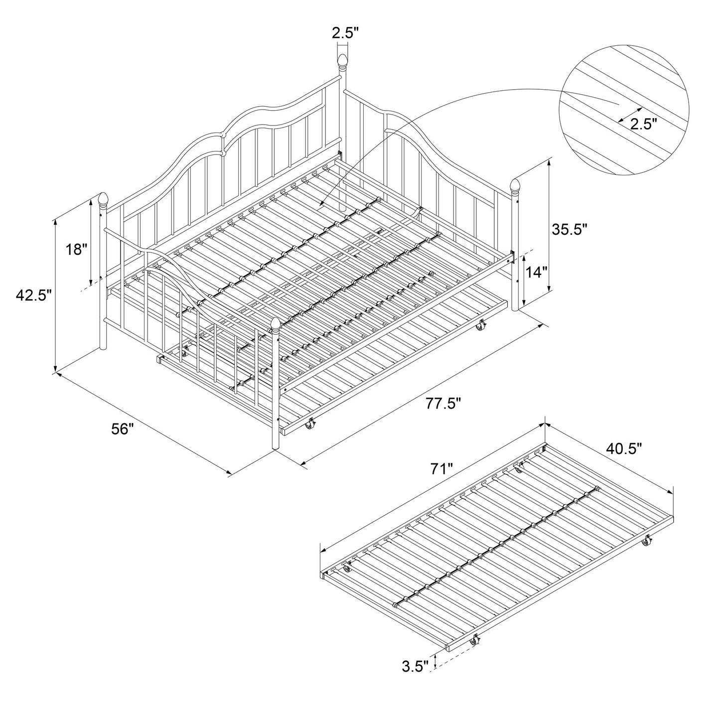 Tokyo Metal Daybed and Trundle Set with Metal Slats - Bronze - Full