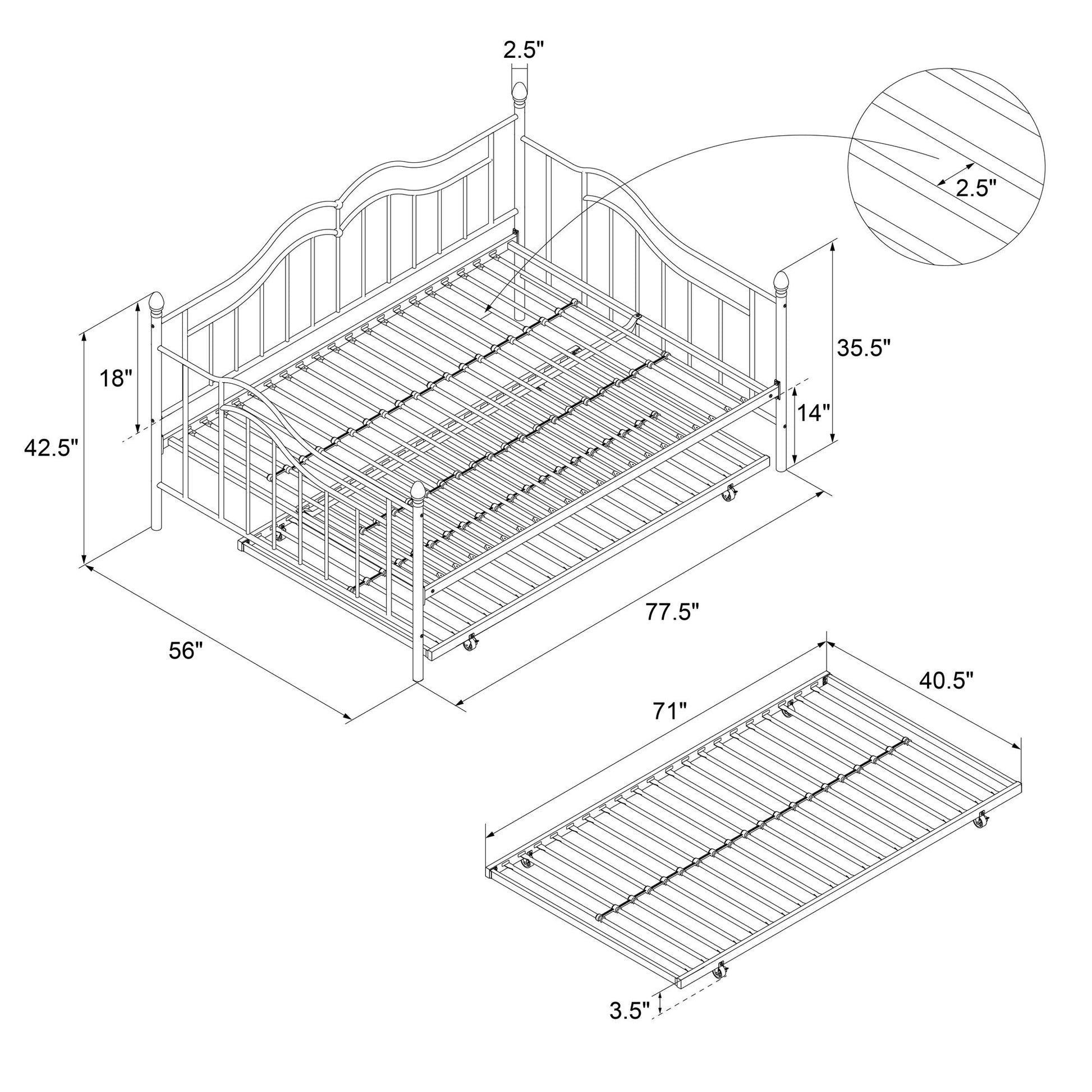 Tokyo Metal Daybed and Trundle Set with Metal Slats - White - Full