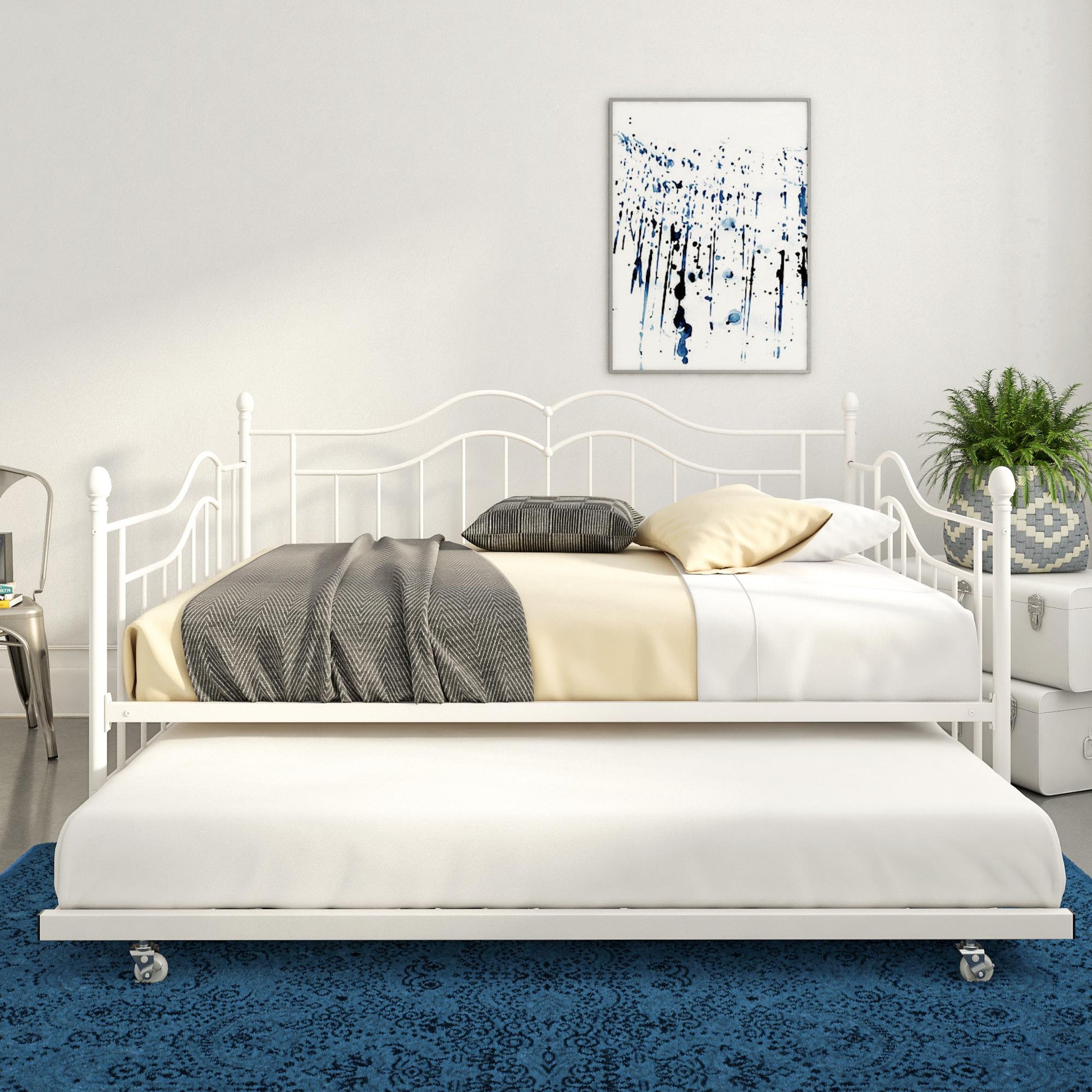 Tokyo Metal Daybed and Trundle Set with Metal Slats - White - Full
