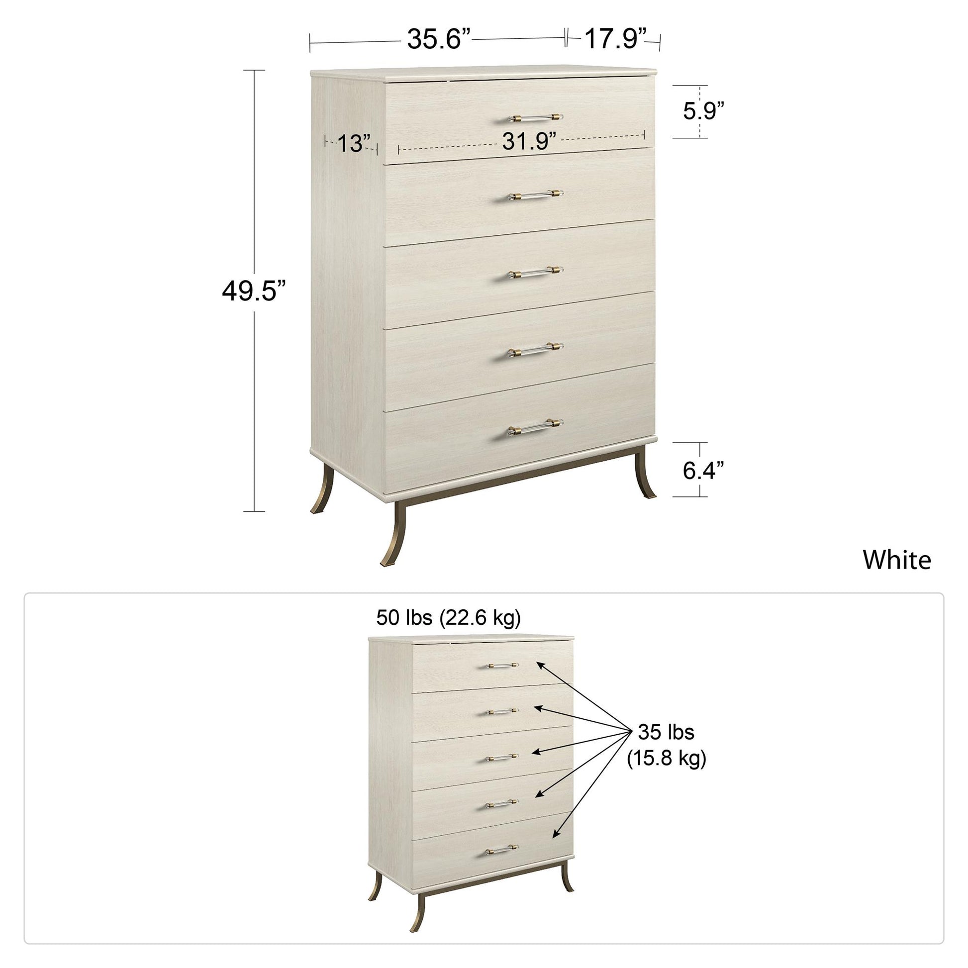Monarch Hill Clementine 5 Drawer Dresser with Clear Acrylic Handles - Ivory Oak