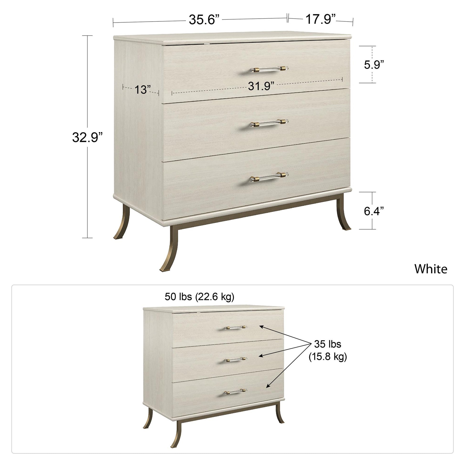 Monarch Hill Clementine 3 Drawer Dresser with Clear Acrylic Handles - Ivory Oak