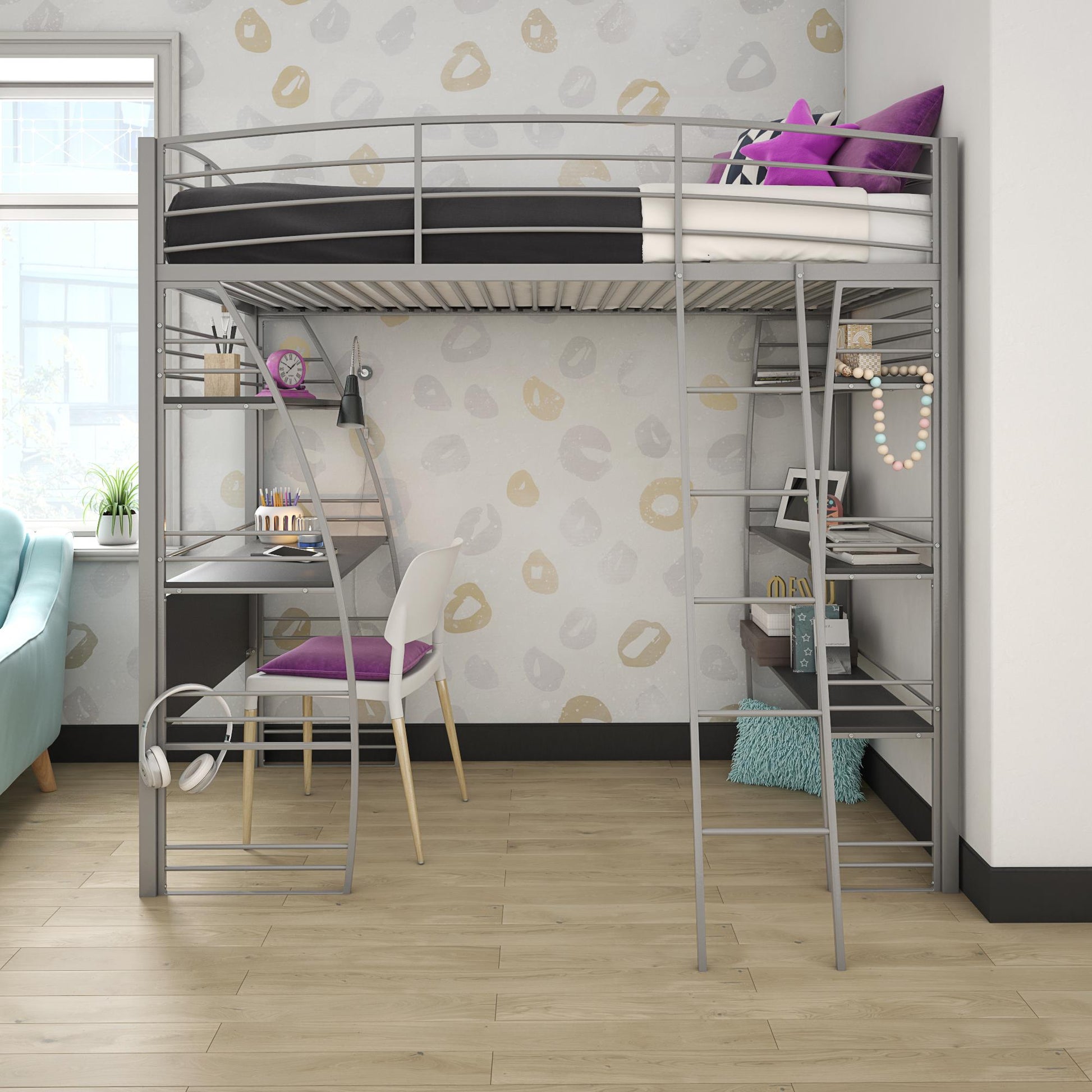 Sage Studio Twin Loft Bed with Integrated Desk and Shelves - Silver - Twin
