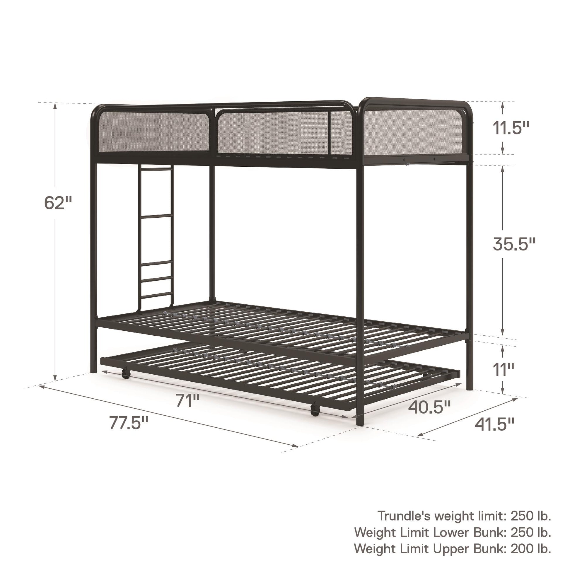 Triple Metal Twin over Twin Bunk Bed with Trundle and Integrated Ladder - Black - Twin-Over-Twin