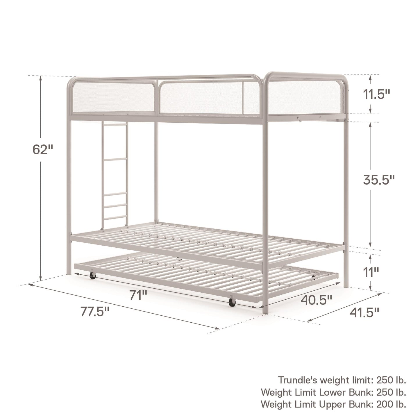 Triple Metal Twin over Twin Bunk Bed with Trundle and Integrated Ladder - White - Twin-Over-Twin