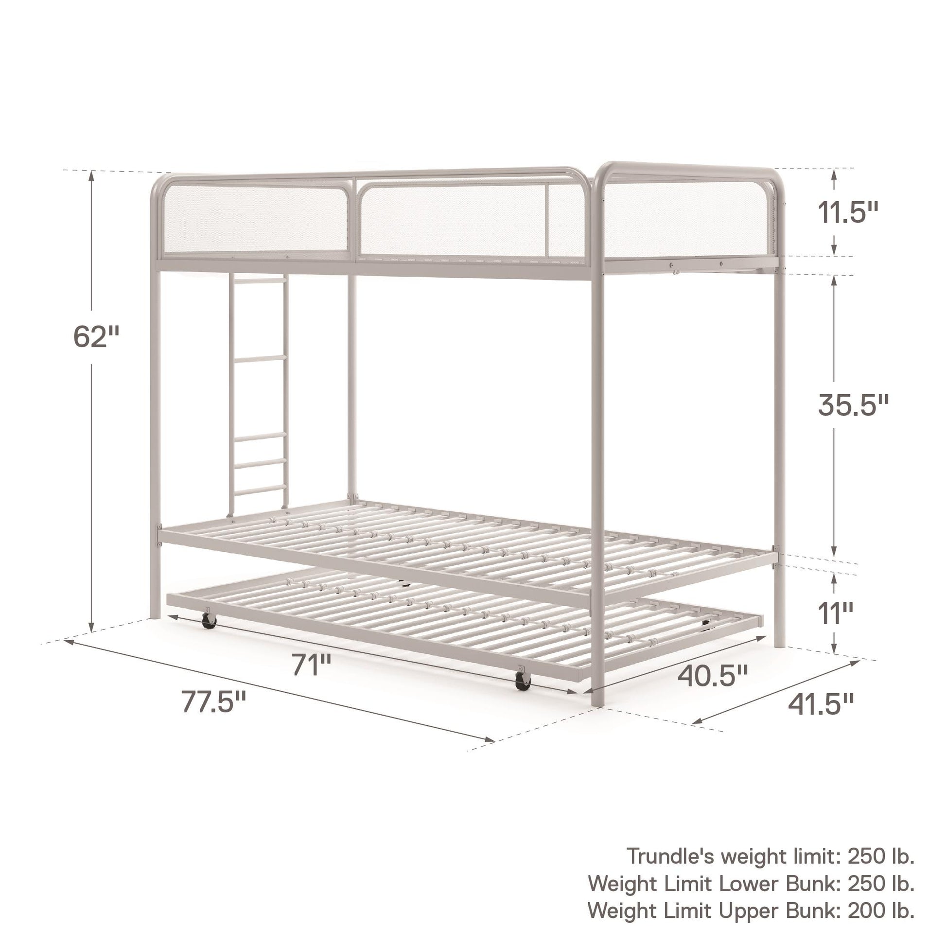 Triple Metal Twin over Twin Bunk Bed with Trundle and Integrated Ladder - White - Twin-Over-Twin
