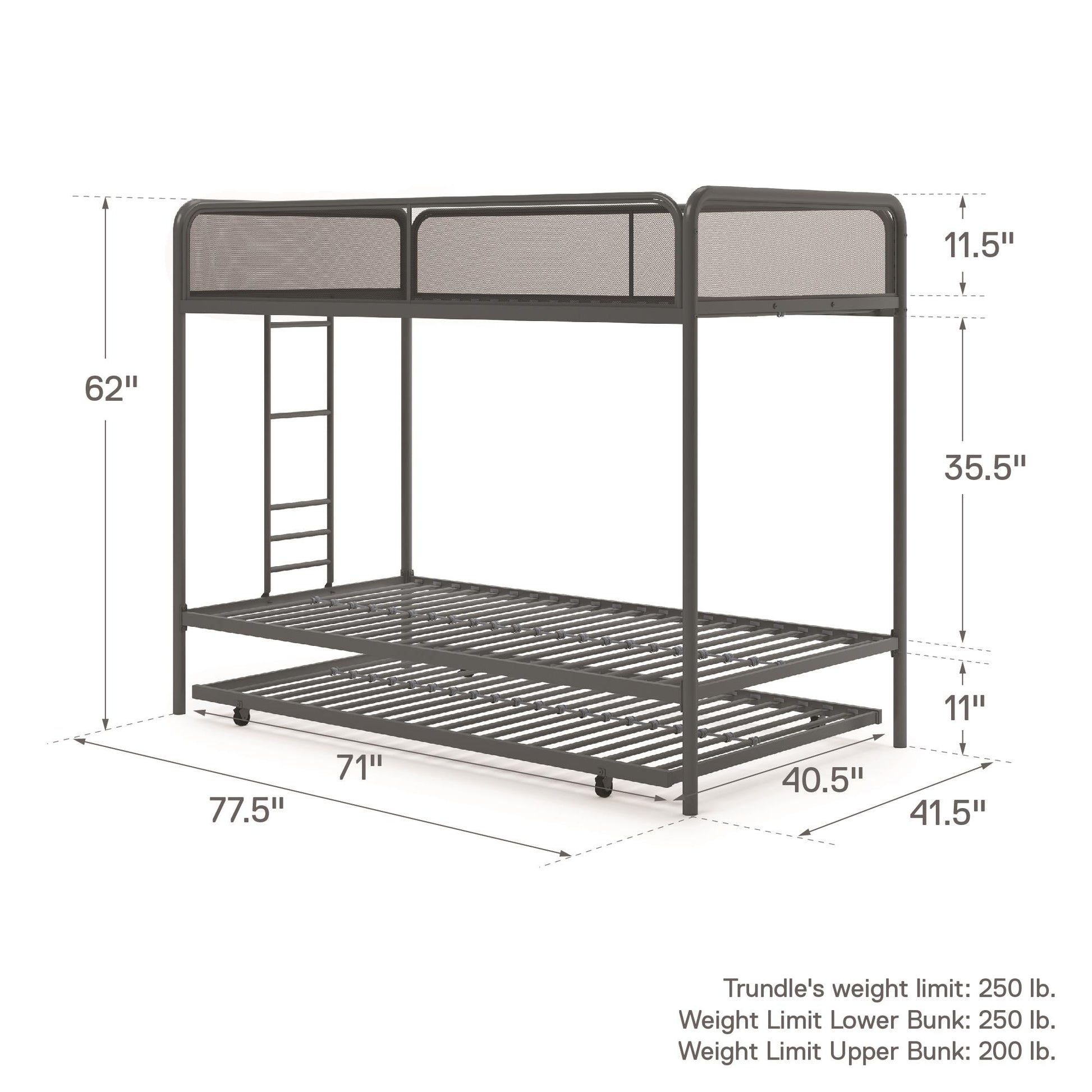 Triple Metal Twin over Twin Bunk Bed with Trundle and Integrated Ladder - Gray - Twin-Over-Twin
