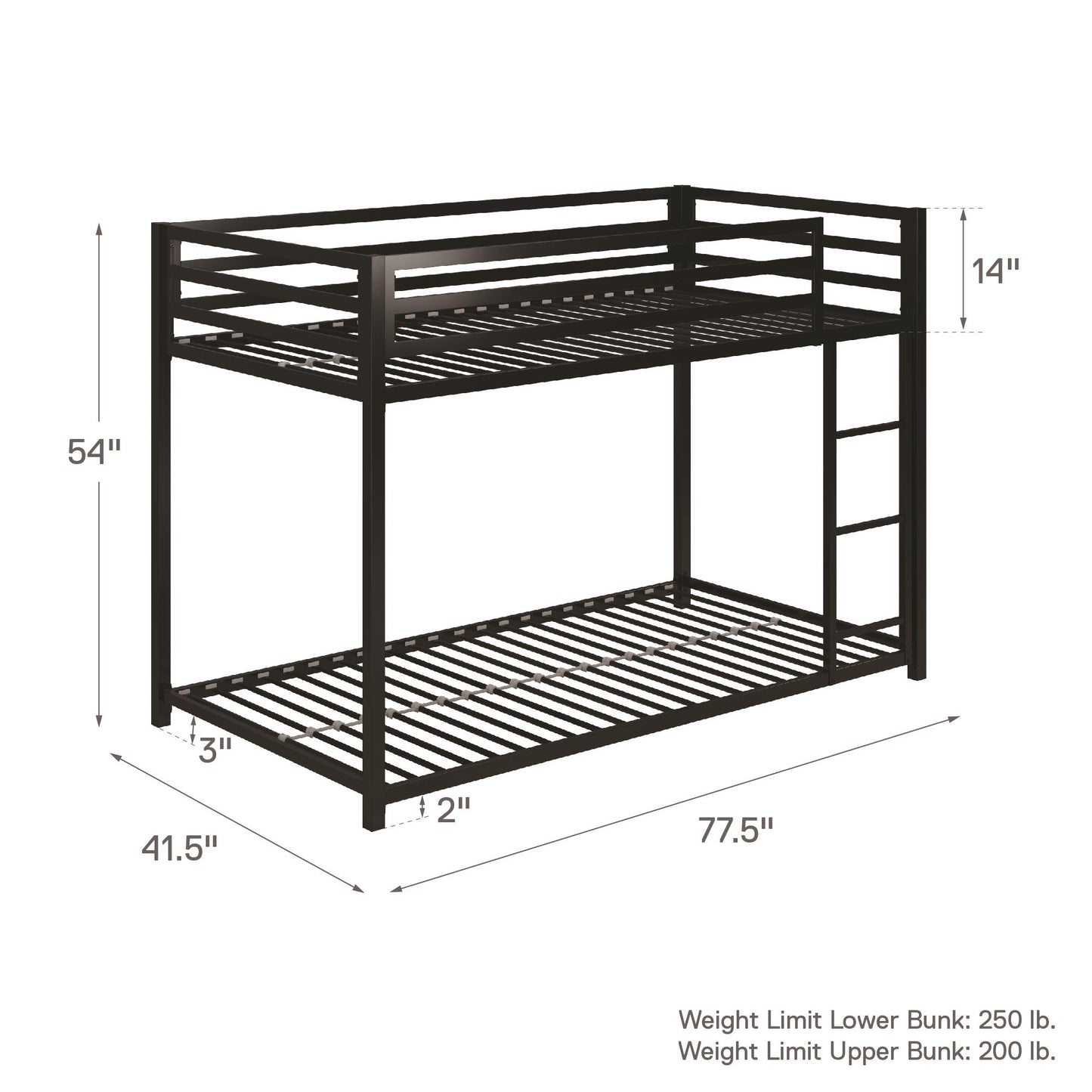 Miles Twin Over Twin Metal Bunk Bed with Secured Metal Slats and Integrated Ladder - Black - Twin-Over-Twin