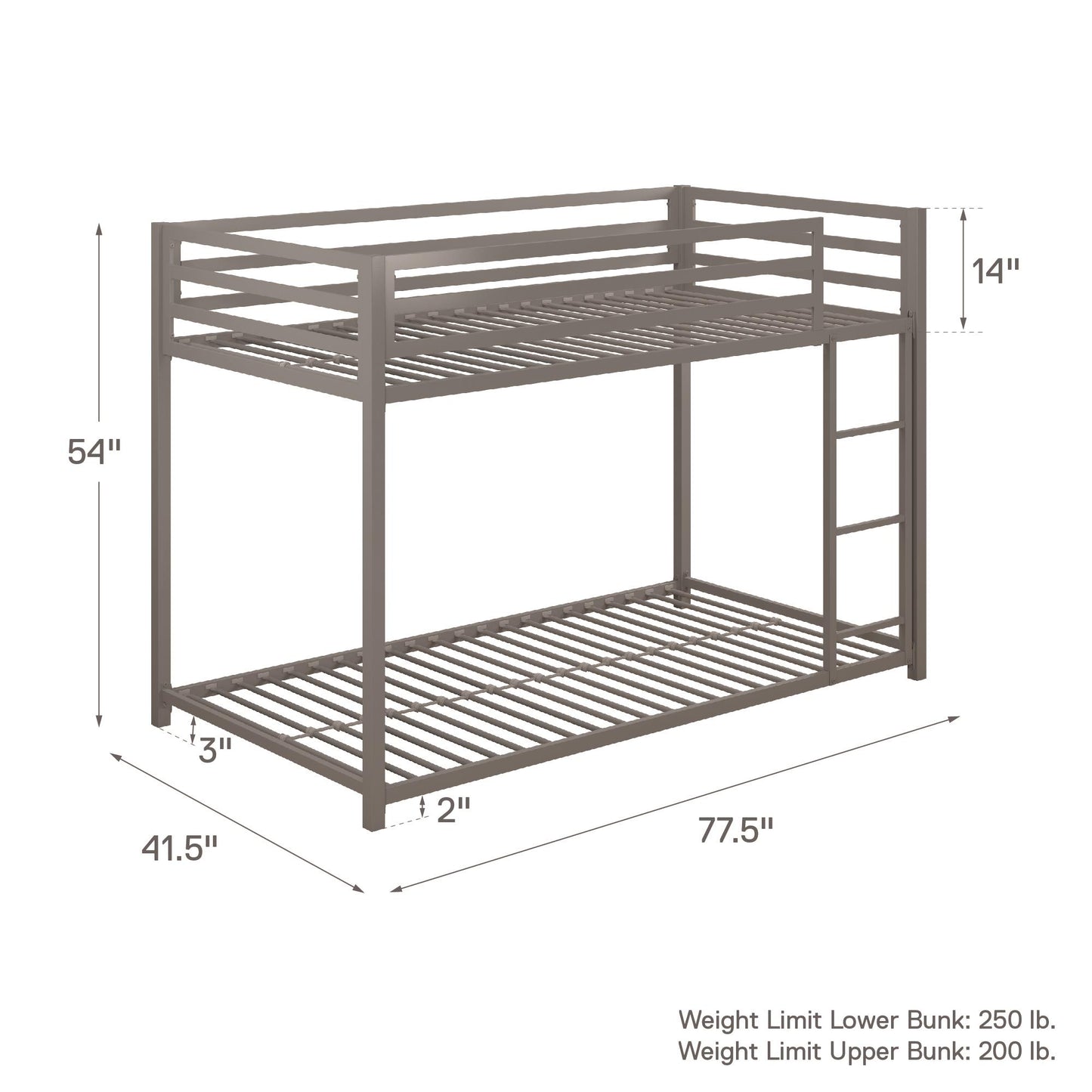 Miles Twin Over Twin Metal Bunk Bed with Secured Metal Slats and Integrated Ladder - Silver - Twin-Over-Twin