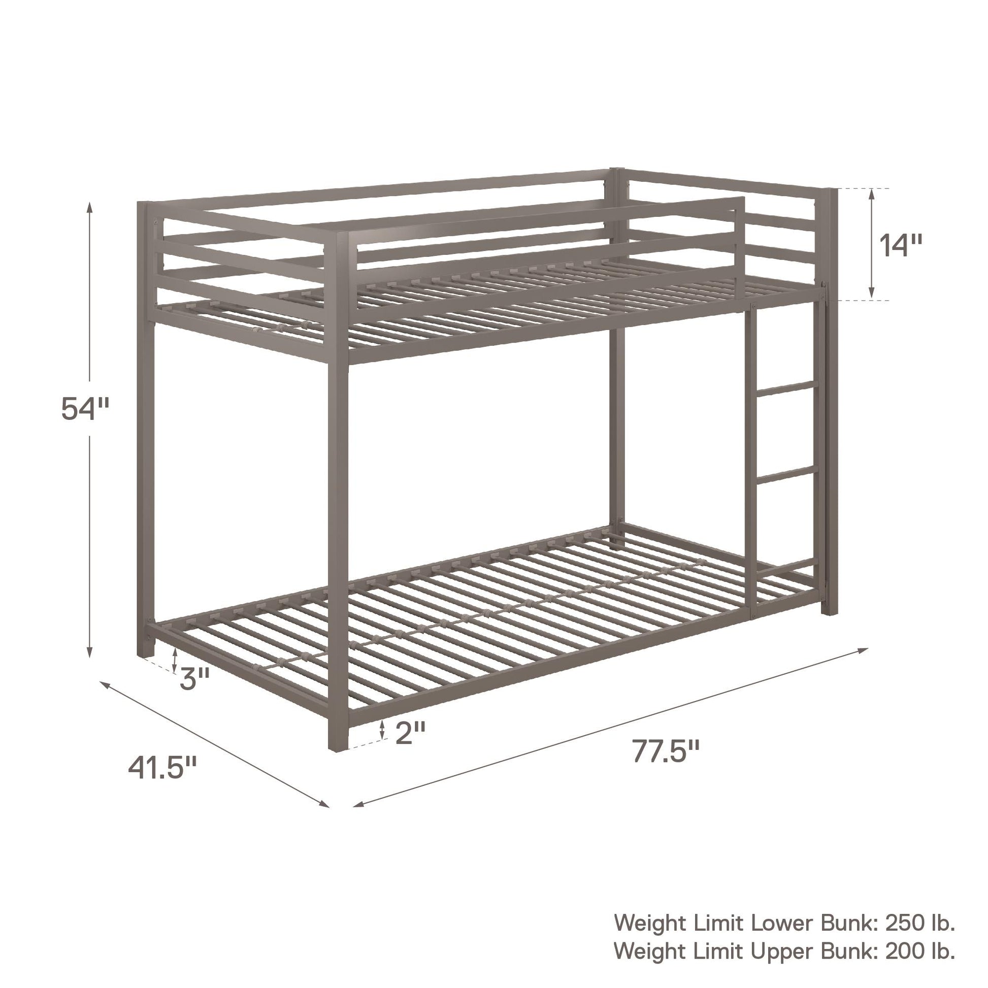 Miles Twin Over Twin Metal Bunk Bed with Secured Metal Slats and Integrated Ladder - Silver - Twin-Over-Twin
