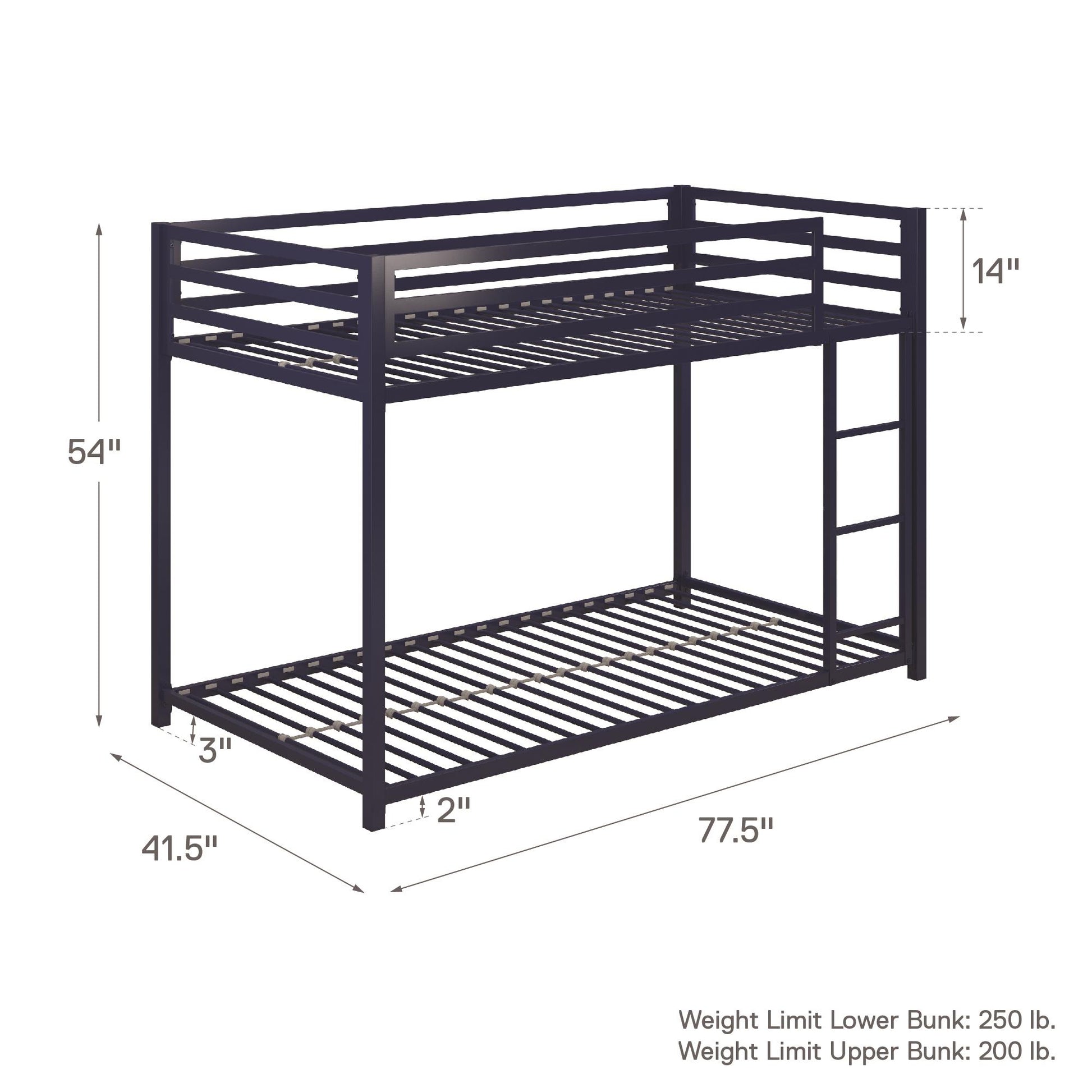 Miles Twin Over Twin Metal Bunk Bed with Secured Metal Slats and Integrated Ladder - Blue - Twin-Over-Twin