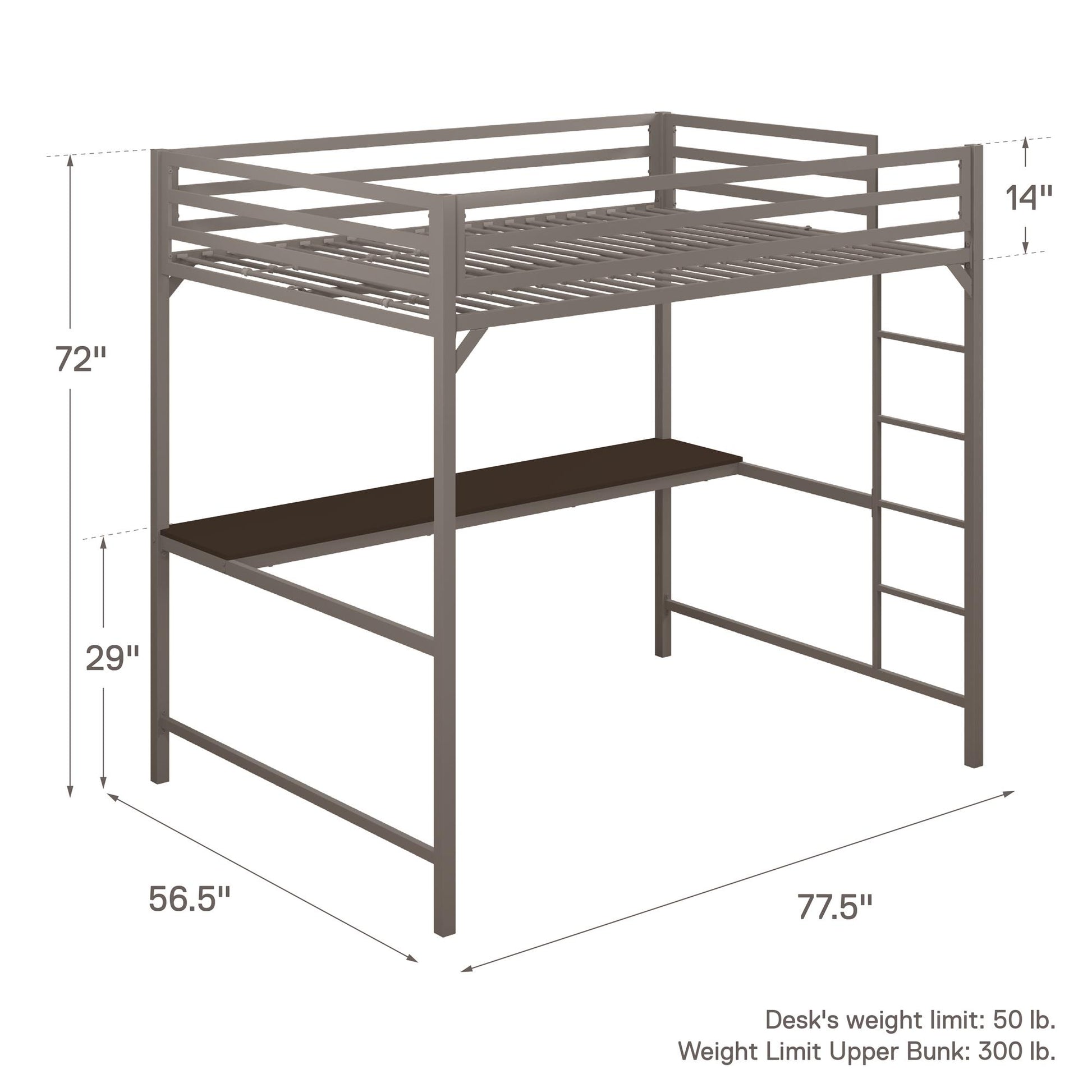 Miles Metal Full Loft Bed with Desk with an Integrated Ladder - Silver - Full
