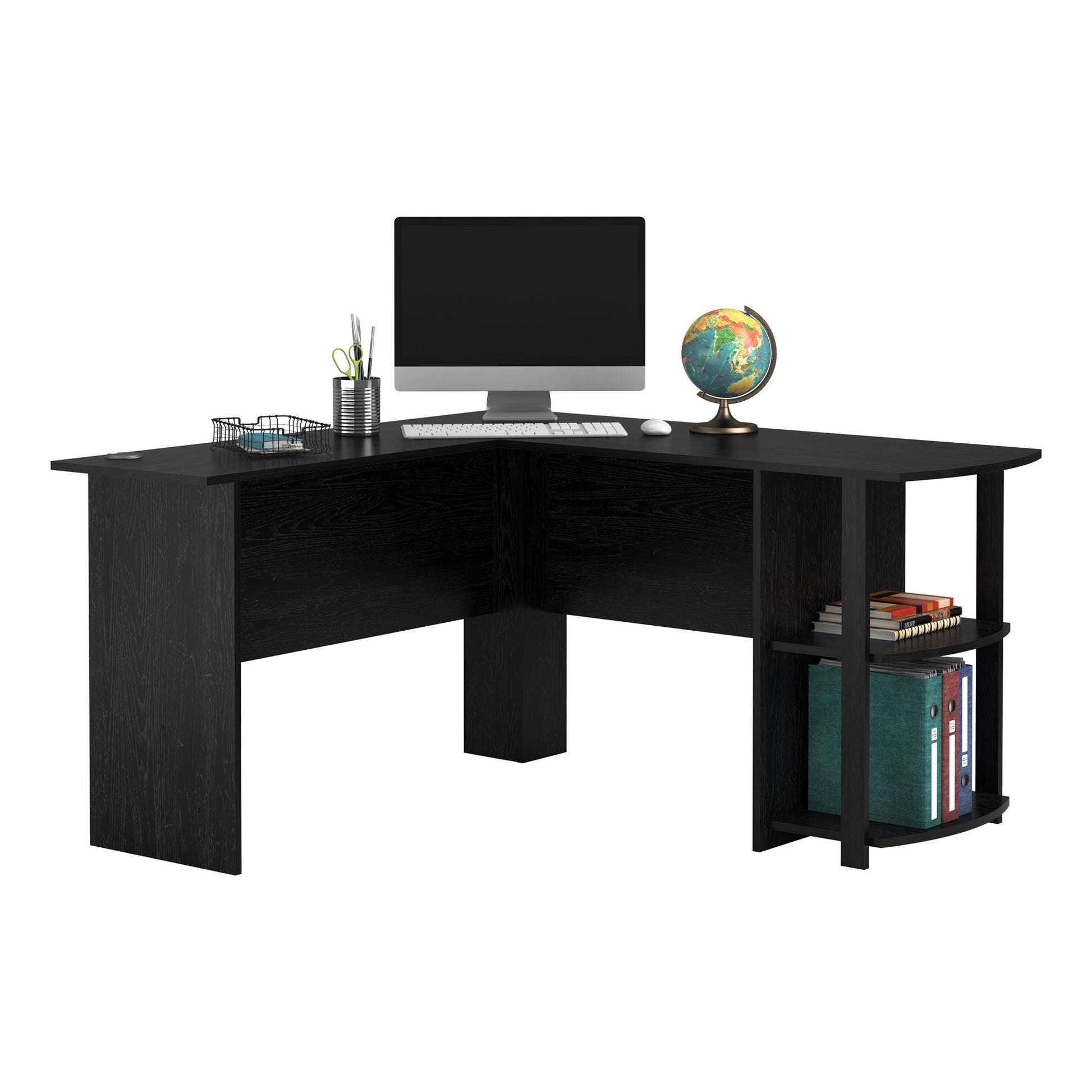 Dakota Computer L Desk with Side Bookshelf and Large Worksurface - Black Oak