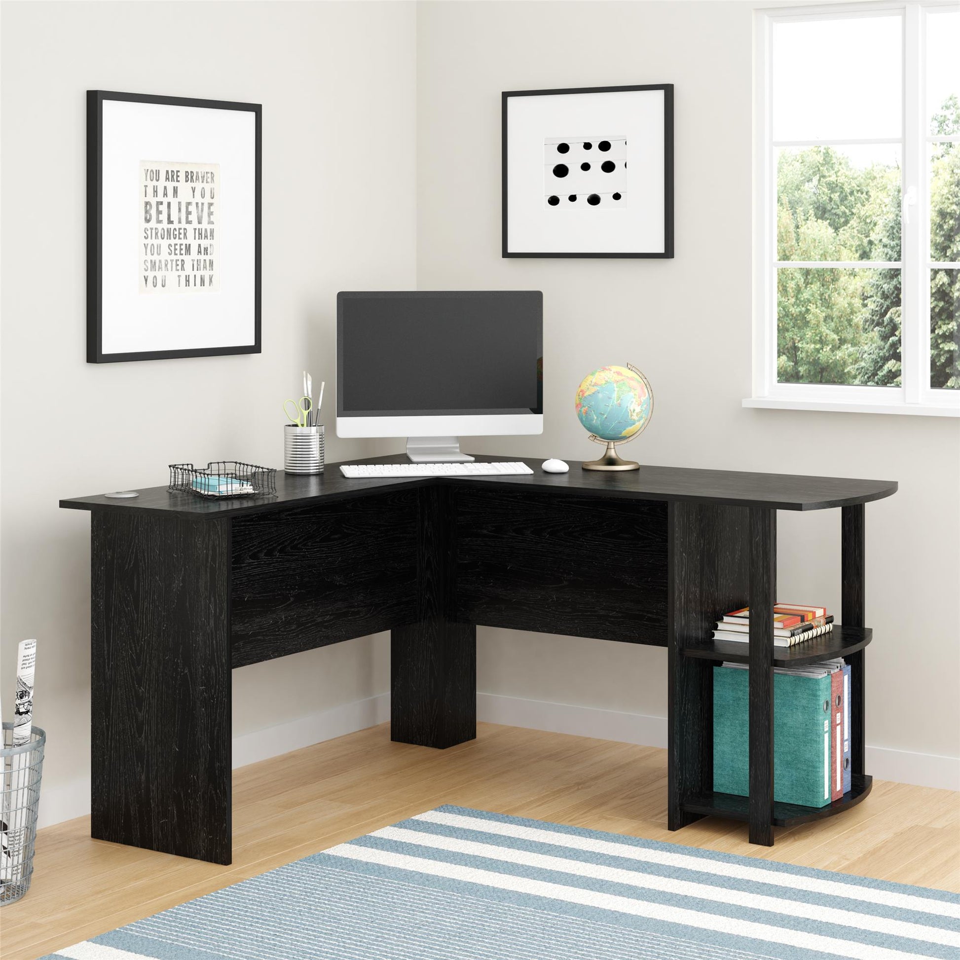 Dakota Computer L Desk with Side Bookshelf and Large Worksurface - Black Oak