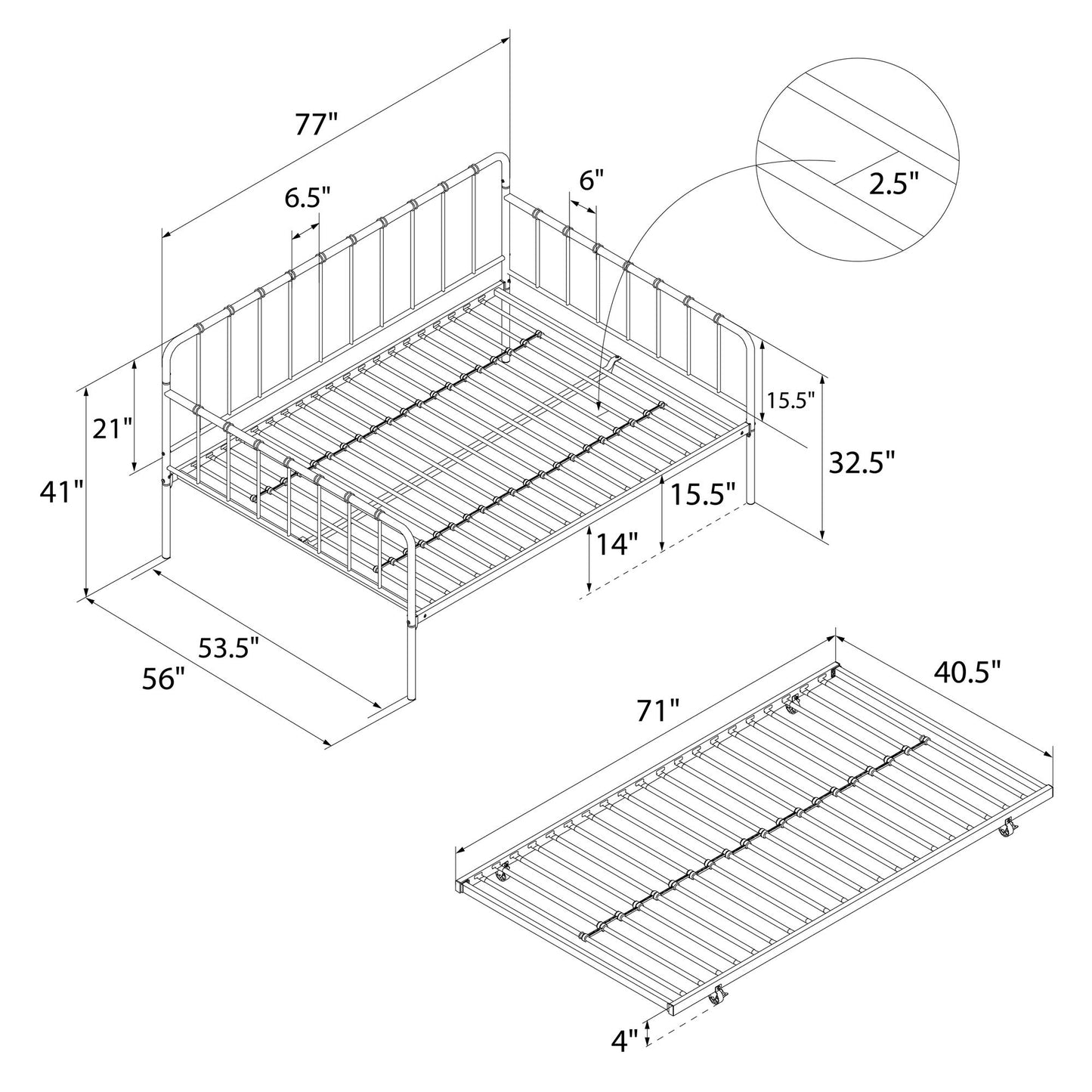 Aaron Metal Twin Daybed and Twin Trundle Set - Black - Full