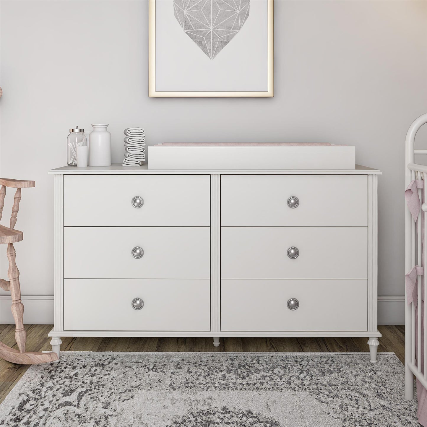 Rowan Valley Arden 6 Drawer Dresser with Silver Ring Drawer Pulls - White