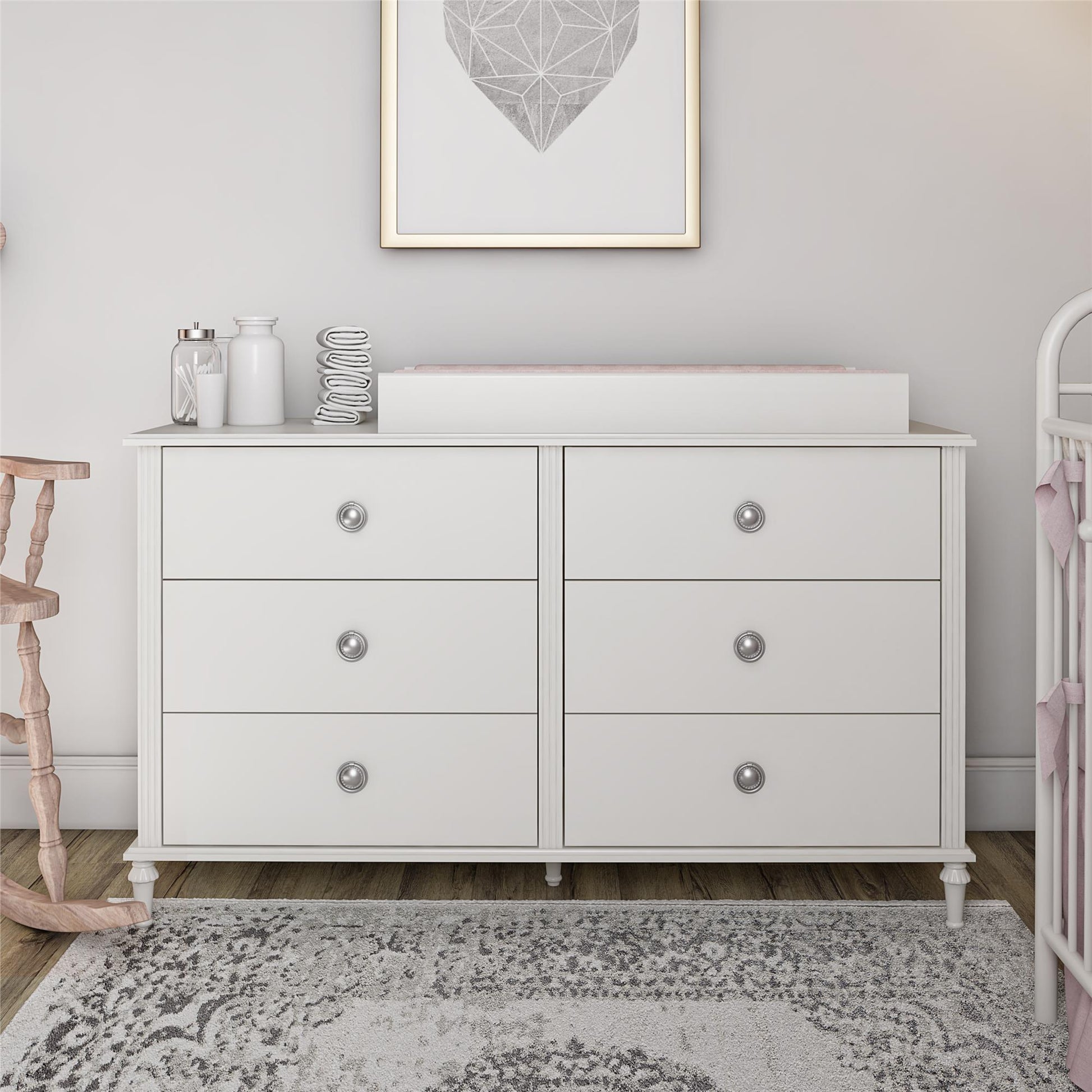 Rowan Valley Arden 6 Drawer Dresser with Silver Ring Drawer Pulls - White