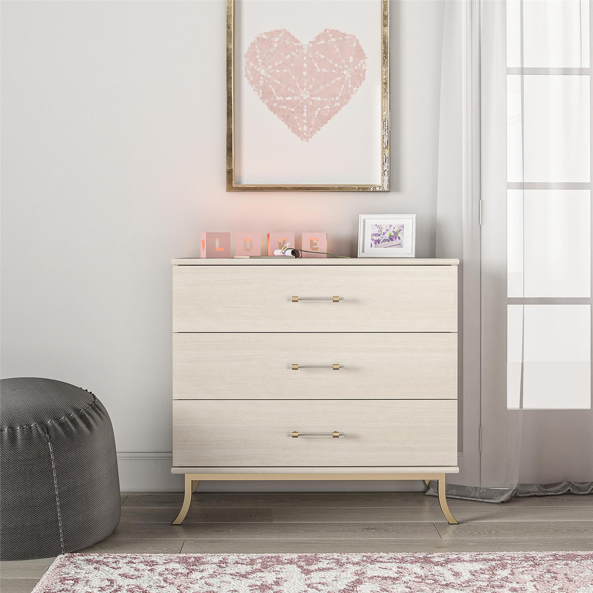 Monarch Hill Clementine 3 Drawer Dresser with Clear Acrylic Handles - Ivory Oak