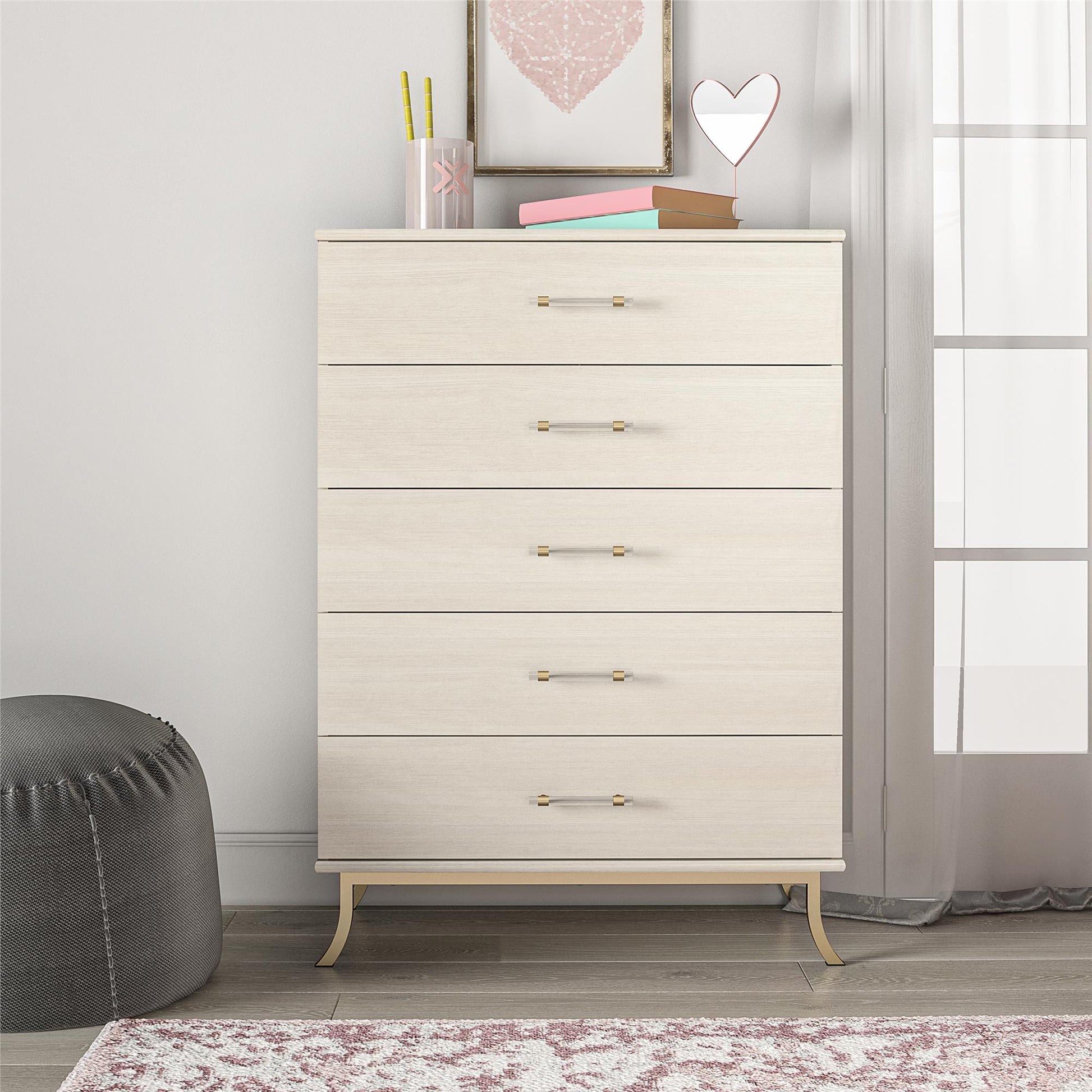 Monarch Hill Clementine 5 Drawer Dresser with Clear Acrylic Handles - Ivory Oak