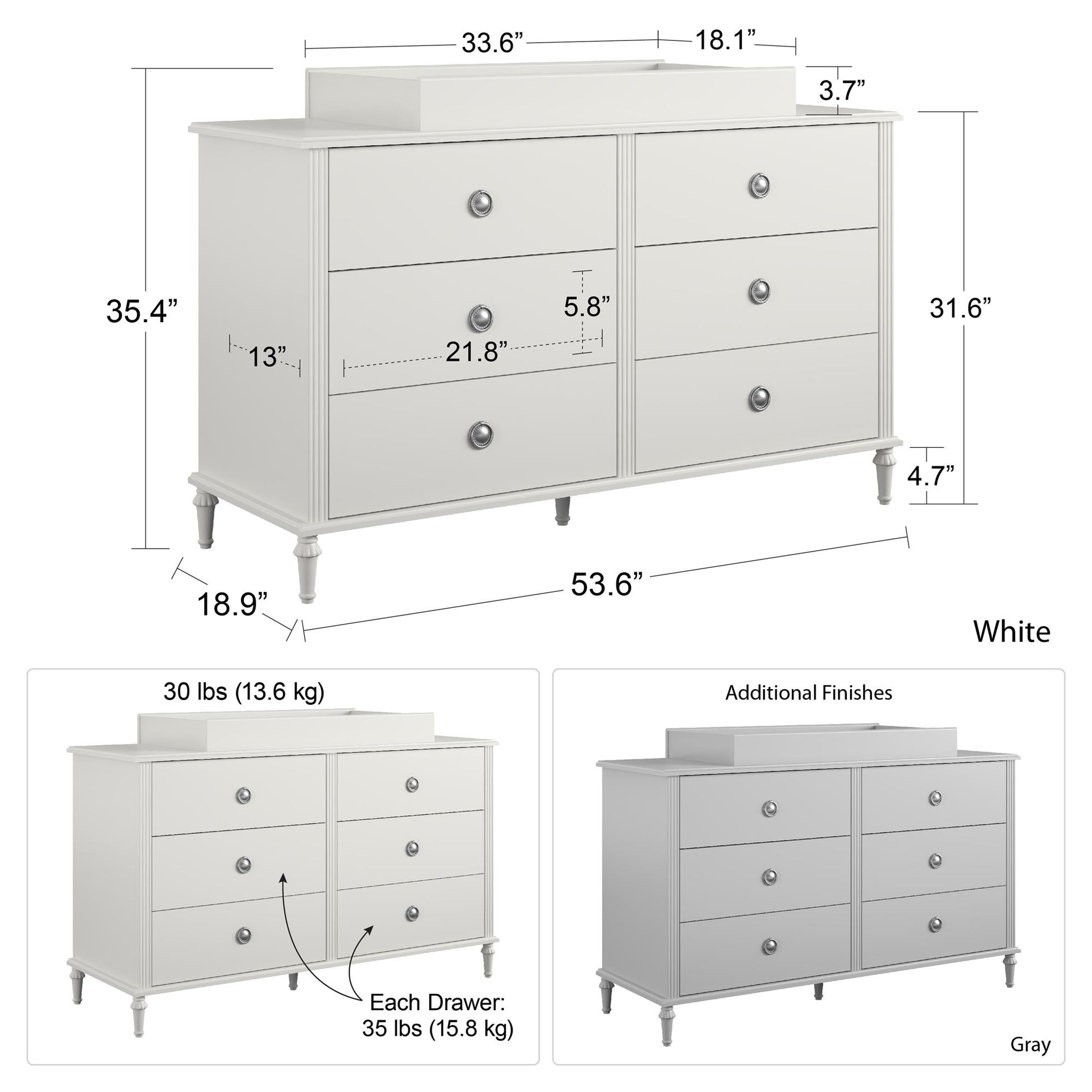 Rowan Valley Arden 6 Drawer Changing Dresser with Topper - White