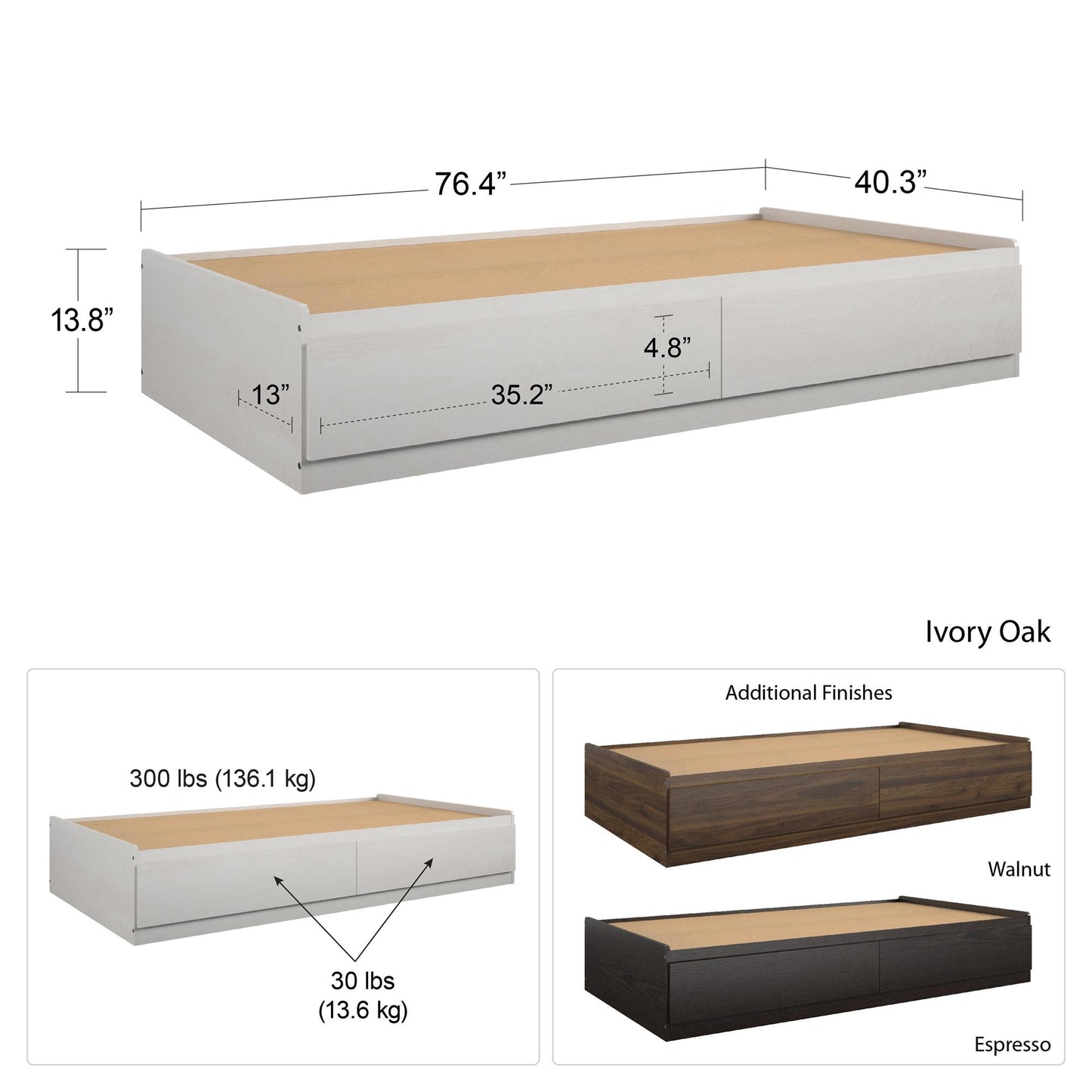 Platform Bed with 2 Large Storage Drawers and No Box Spring Required - Ivory Oak - Twin