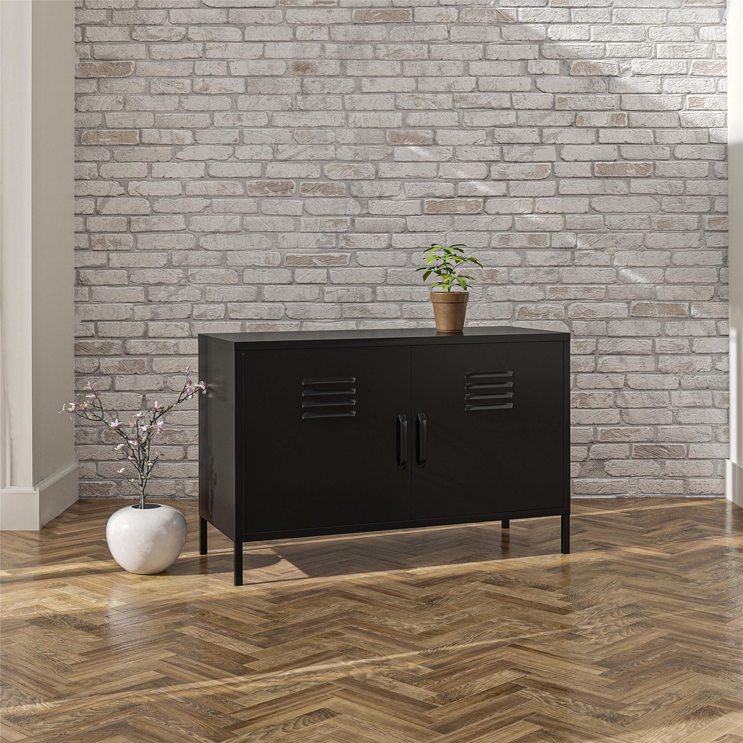 Shadwick 2 Door Metal Locker Accent Cabinet with 2 Shelves - Black