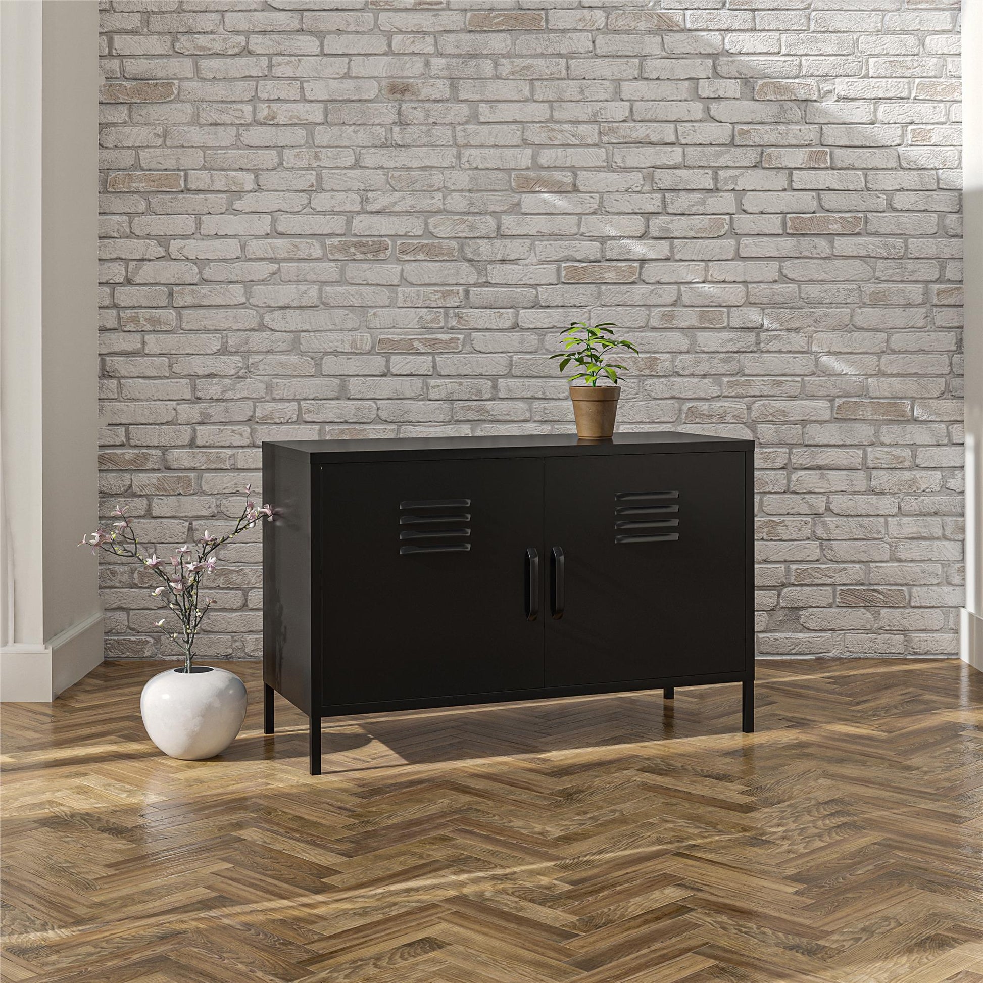 Shadwick 2 Door Metal Locker Accent Cabinet with 2 Shelves - Black