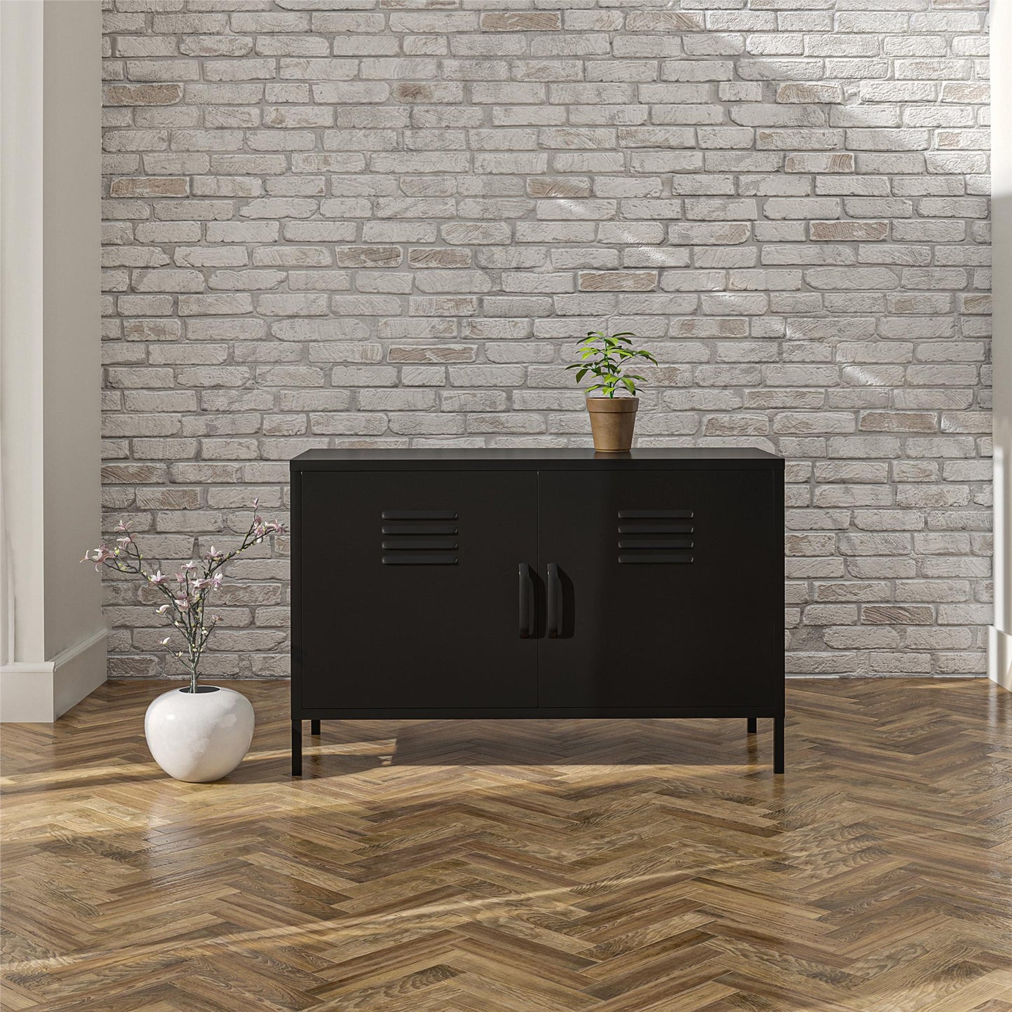 Shadwick 2 Door Metal Locker Accent Cabinet with 2 Shelves - Black