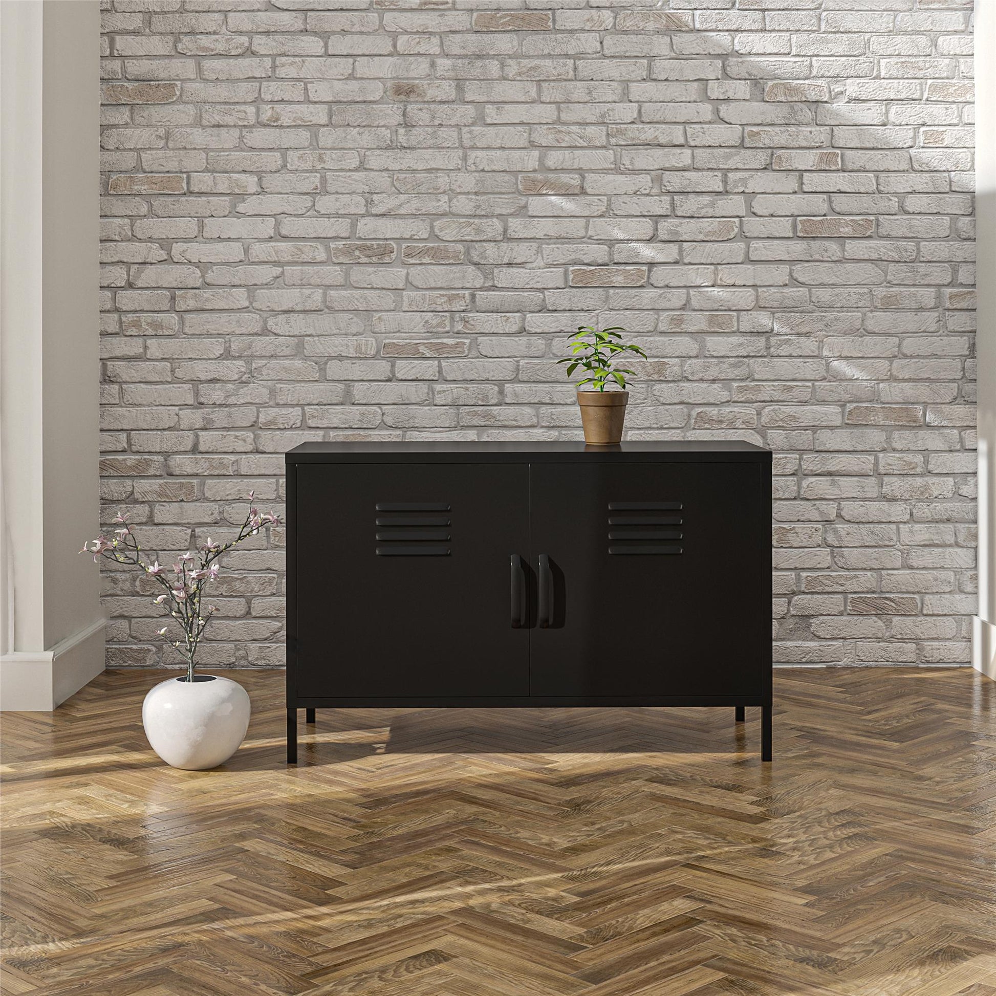 Shadwick 2 Door Metal Locker Accent Cabinet with 2 Shelves - Black