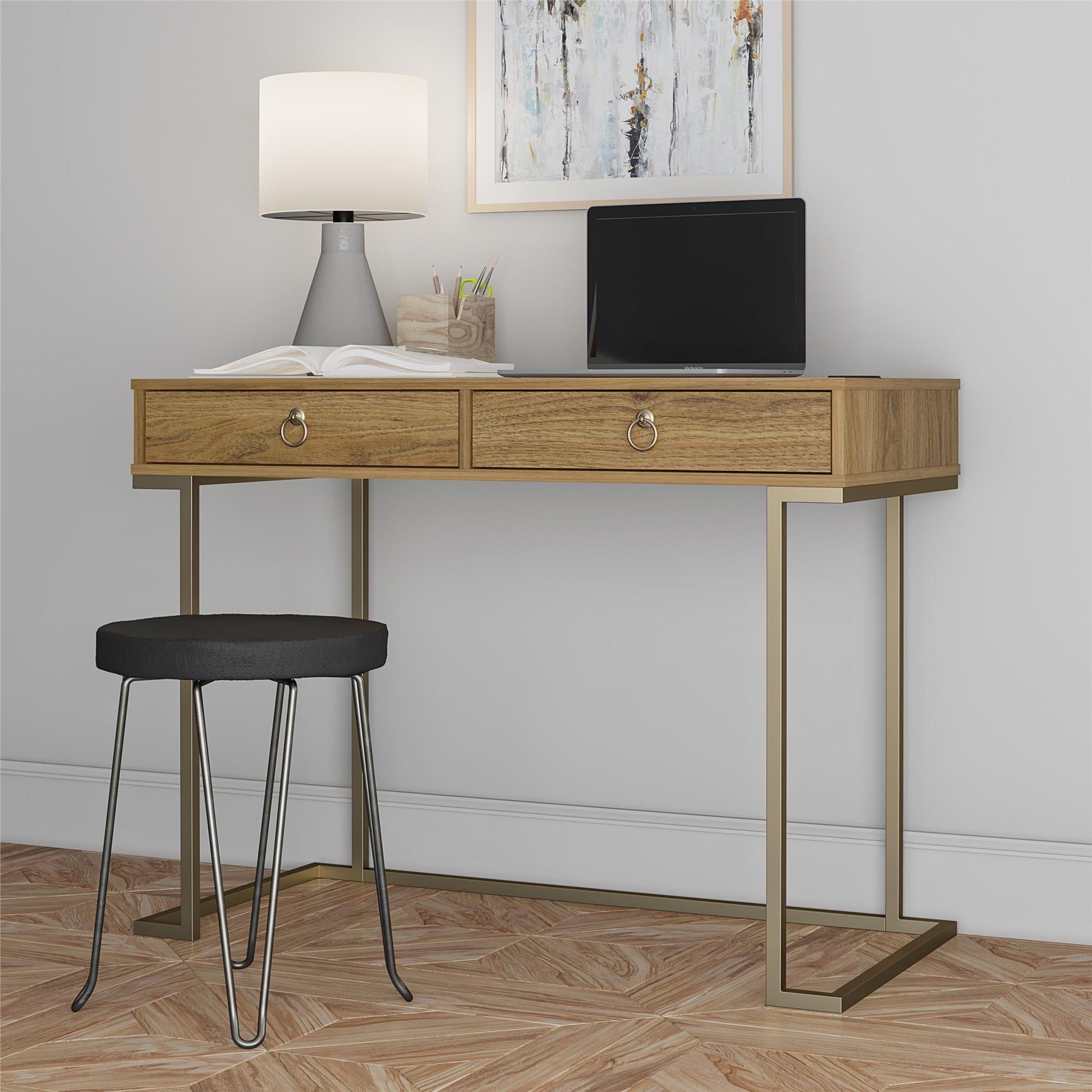 Olten Computer Desk with 2 Drawers and Wireless Charging Spot - Walnut
