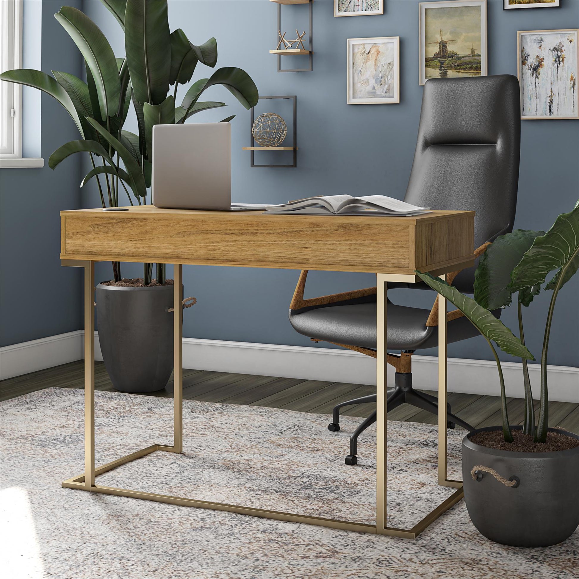 Olten Computer Desk with 2 Drawers and Wireless Charging Spot - Walnut