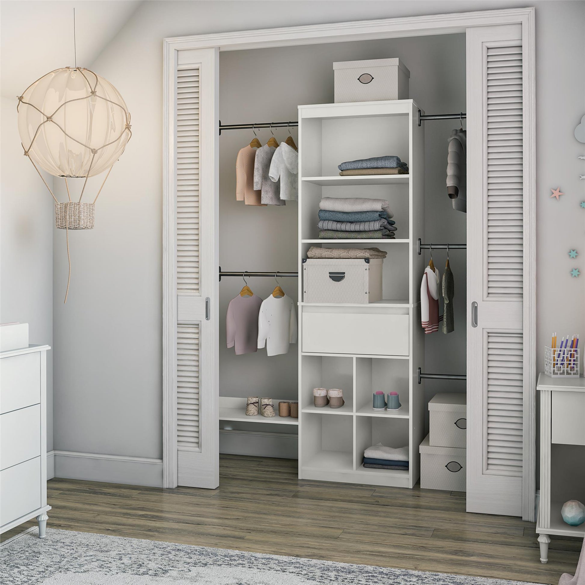 Grow with Me Adjustable Kids’ Closet Organizer System with Adjustable Poles - White