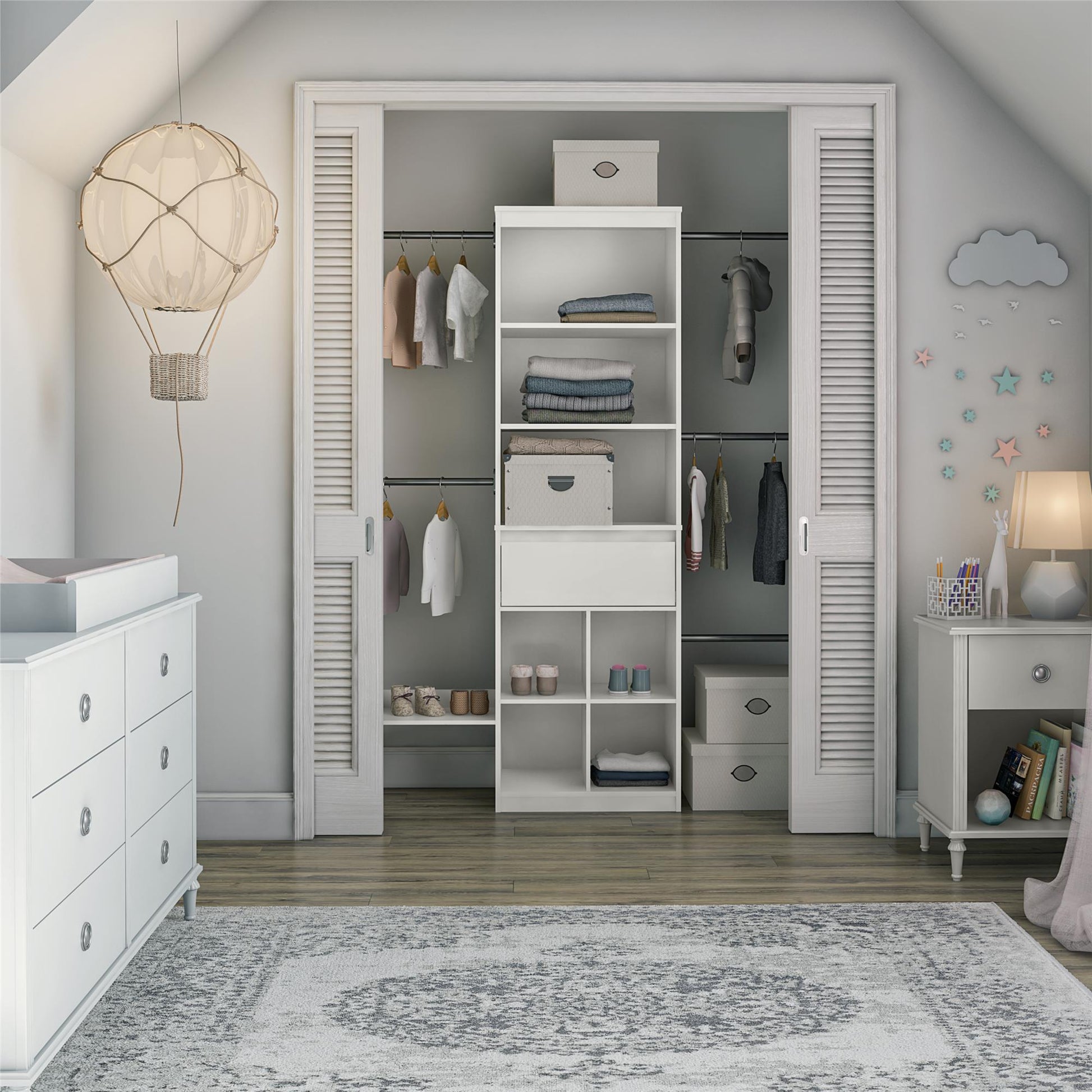 Grow with Me Adjustable Kids’ Closet Organizer System with Adjustable Poles - White